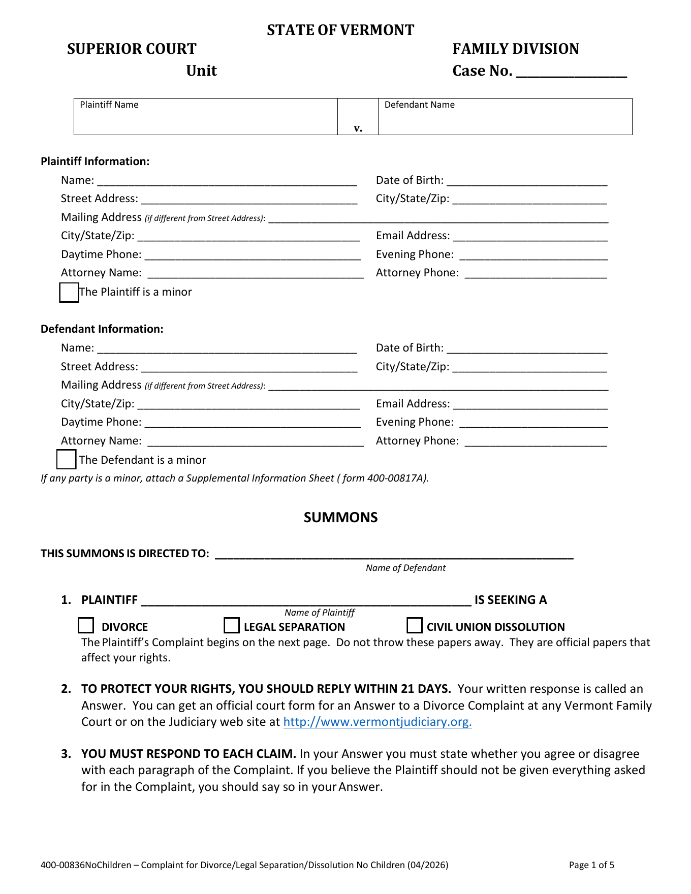 Page 1 of the official Vermont Summons and Complaint for Divorce without children included in the download