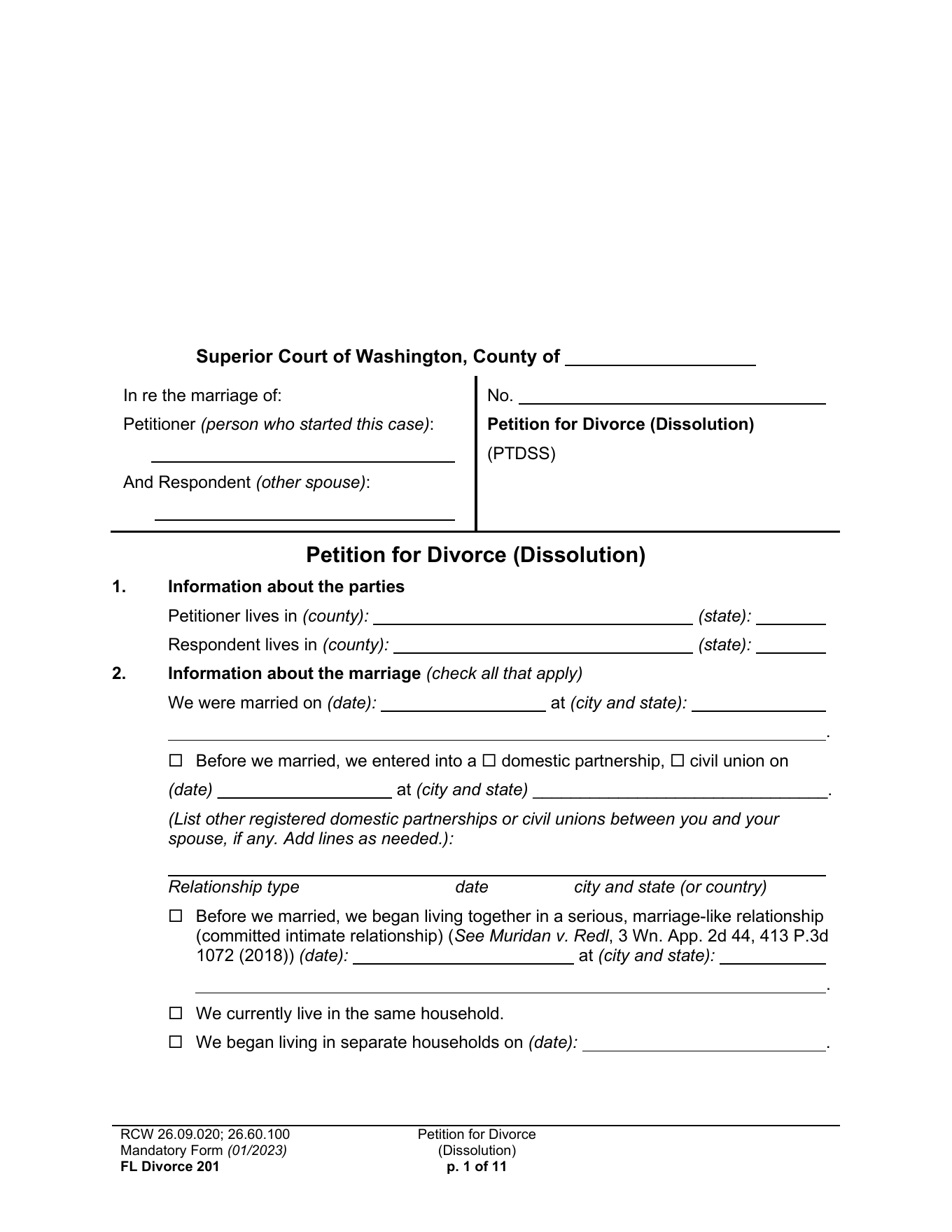Page 1 of the official Washington Petition for Divorce (Dissolution), FL Divorce 201, included in the download