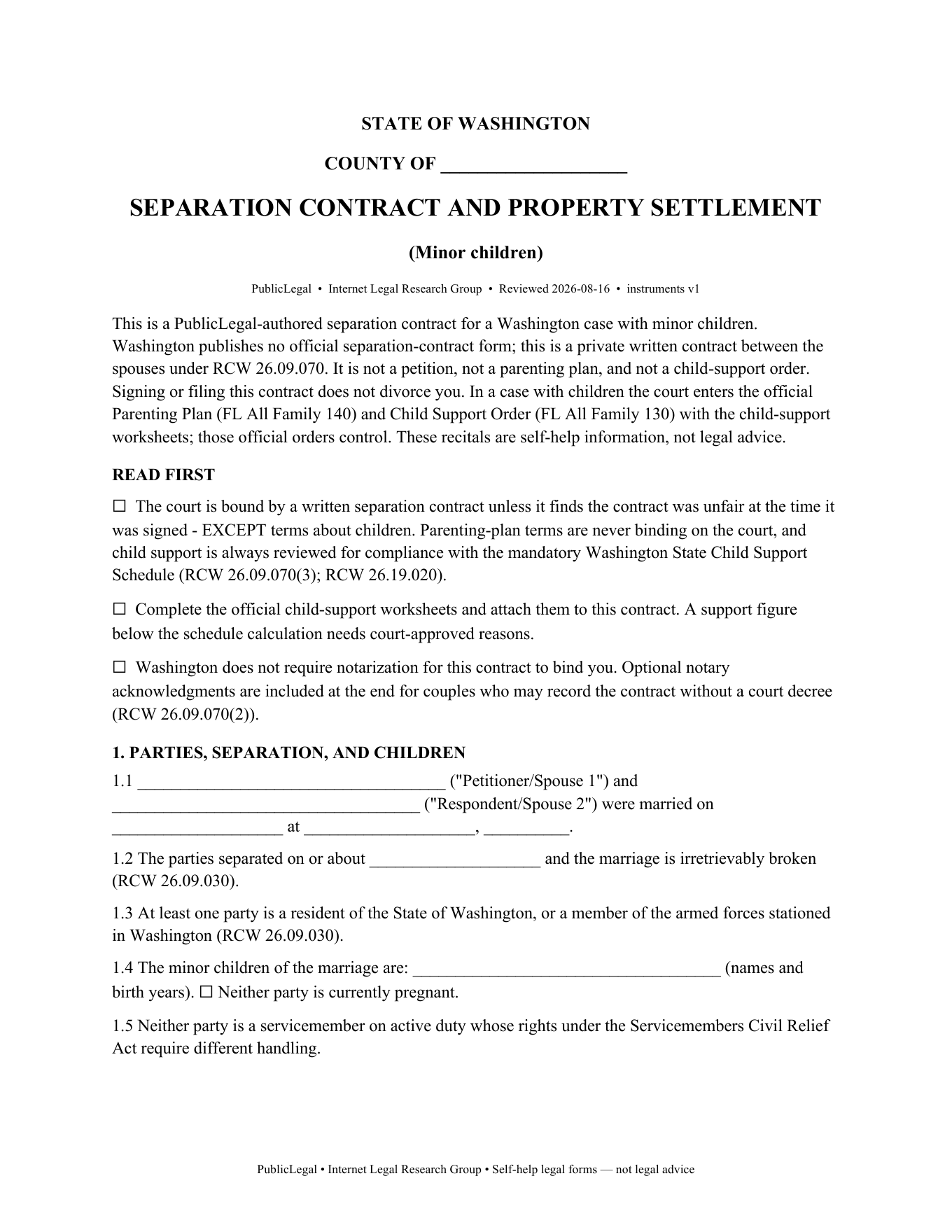 Page 1 of the PublicLegal Washington Separation Contract (Minor Children) included in the download