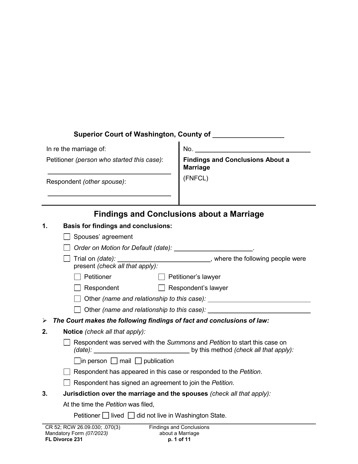Page 1 of the official Washington Findings and Conclusions About a Marriage, FL Divorce 231, included in the download