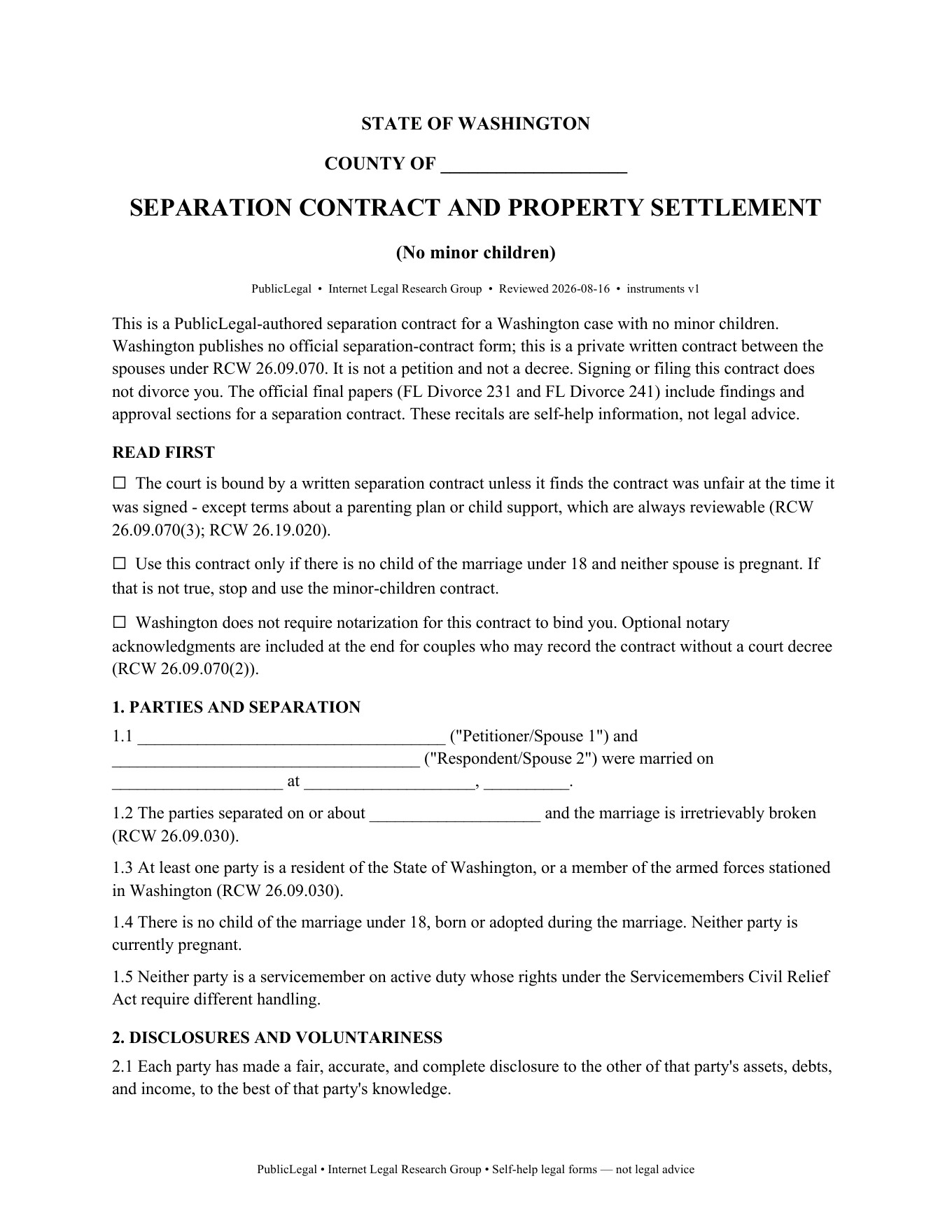 Page 1 of the PublicLegal Washington Separation Contract (No Minor Children) included in the download