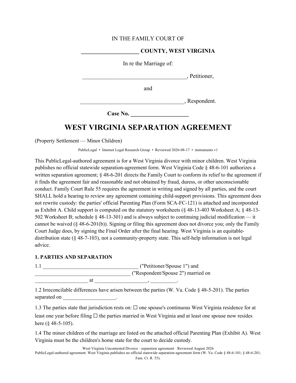 Page 1 of the PublicLegal-authored West Virginia Marital Settlement Agreement (minor children) included in the download