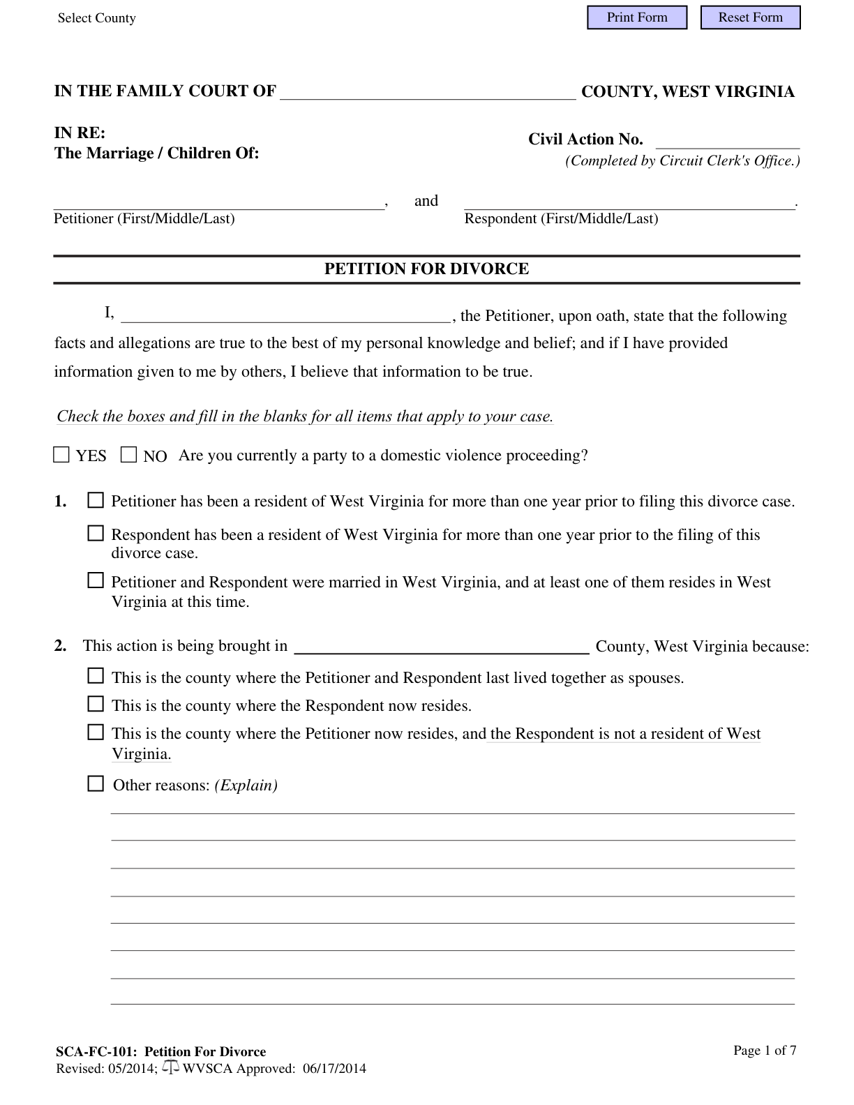 Page 1 of the official West Virginia Petition for Divorce (Form SCA-FC-101) included in the download