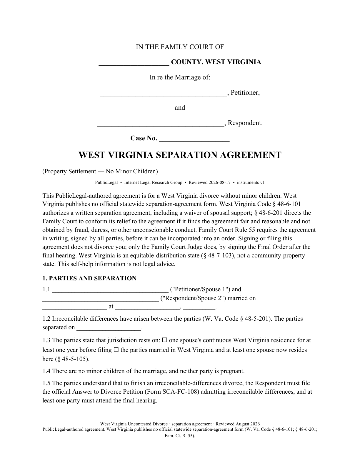 Page 1 of the PublicLegal-authored West Virginia Marital Settlement Agreement (no children) included in the download