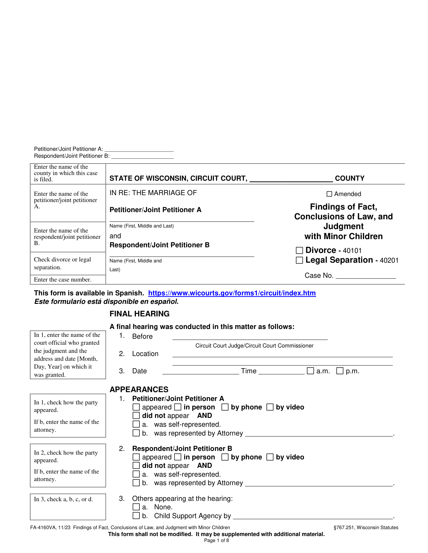 Page 1 of the official Wisconsin Findings of Fact, Conclusions of Law, and Judgment With Minor Children (FA-4160VA) included in the download