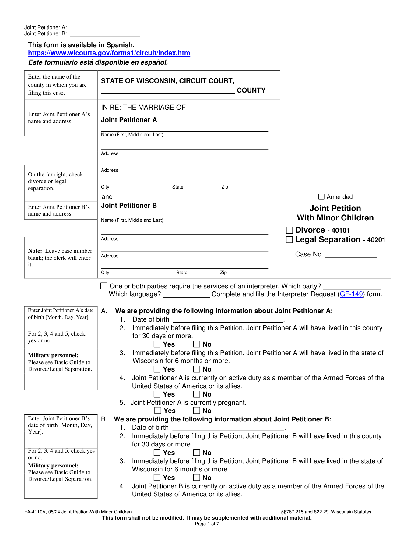 Page 1 of the official Wisconsin Joint Petition for Divorce With Minor Children (FA-4110V) included in the download