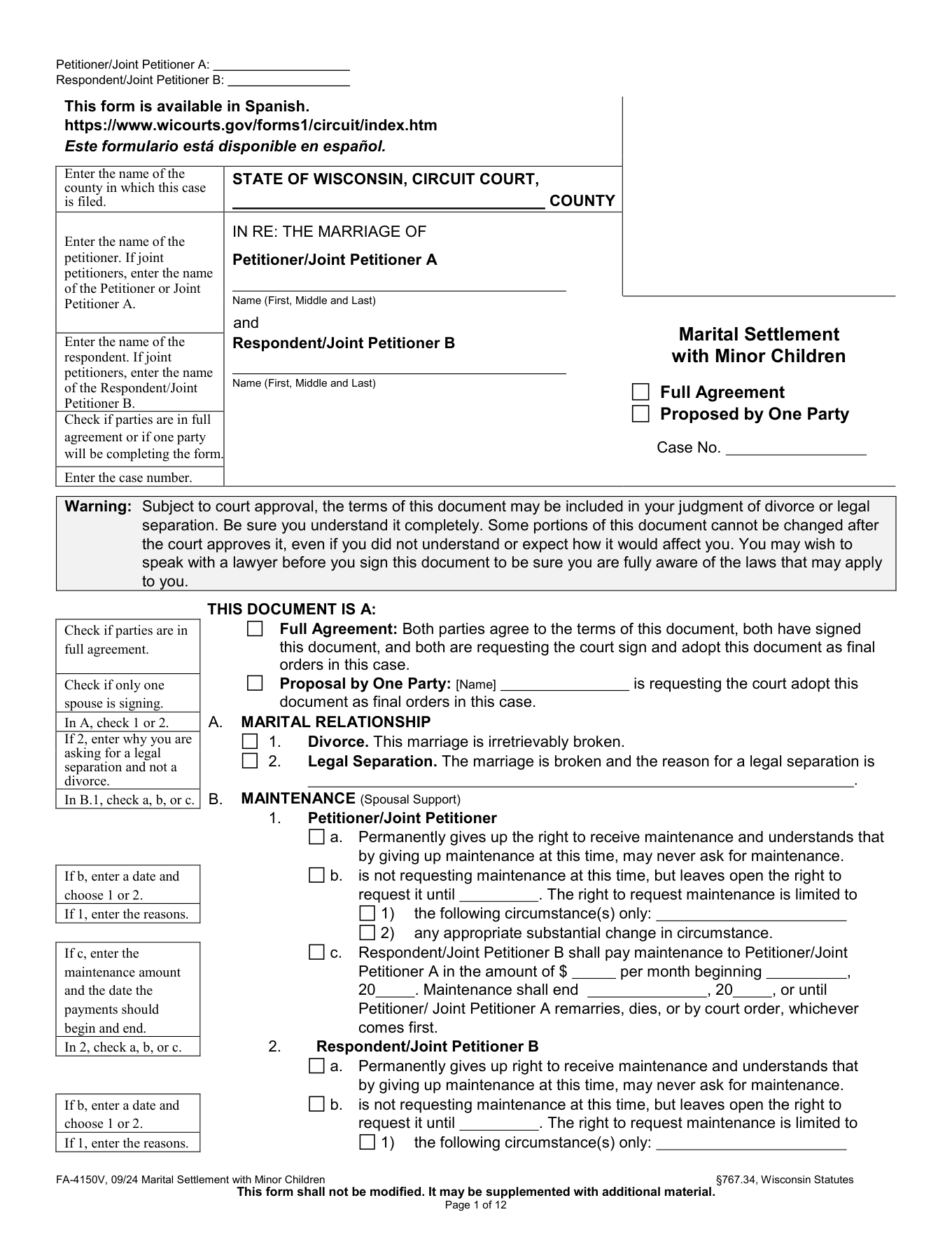 Page 1 of the official Wisconsin Marital Settlement Agreement With Minor Children (FA-4150V) included in the download