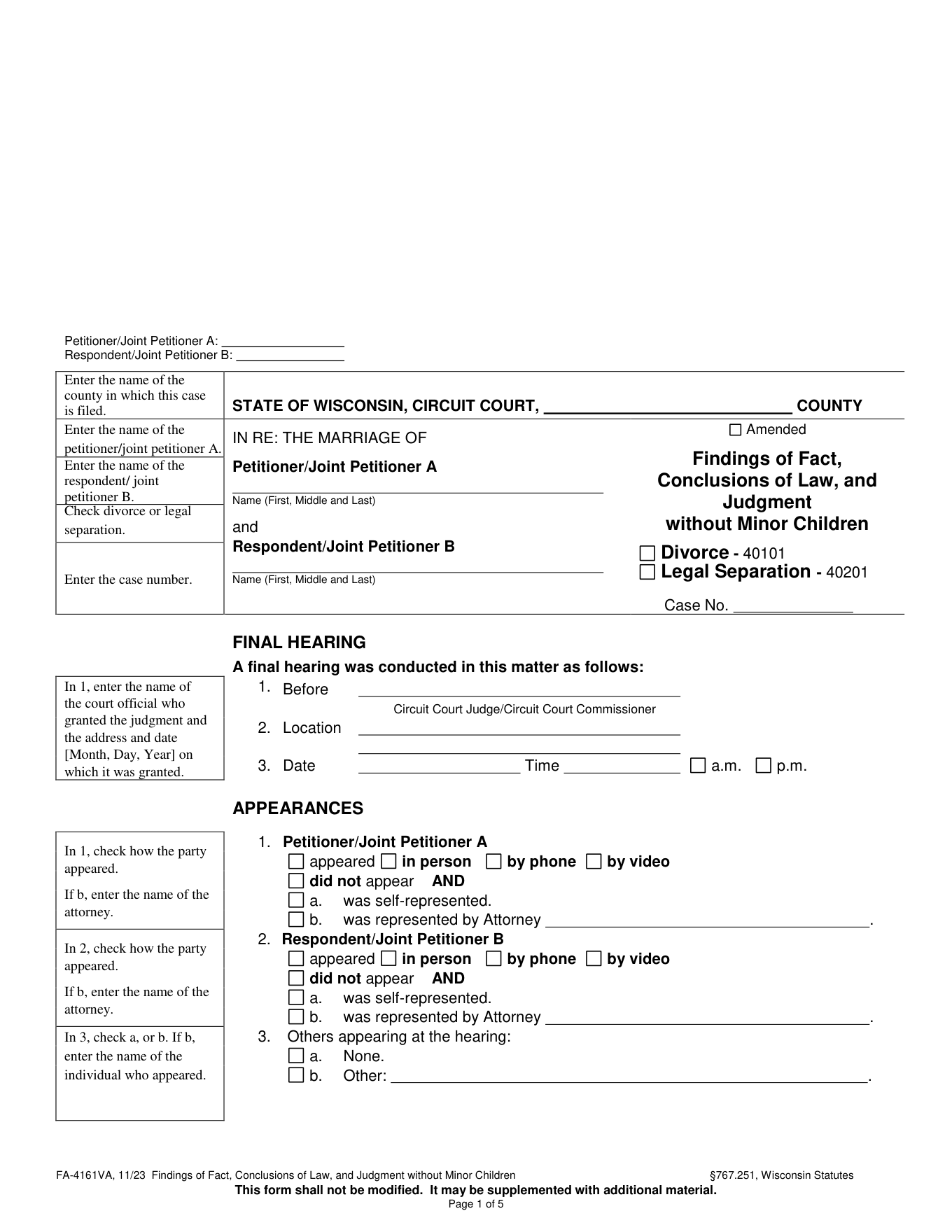 Page 1 of the official Wisconsin Findings of Fact, Conclusions of Law, and Judgment Without Minor Children (FA-4161VA) included in the download