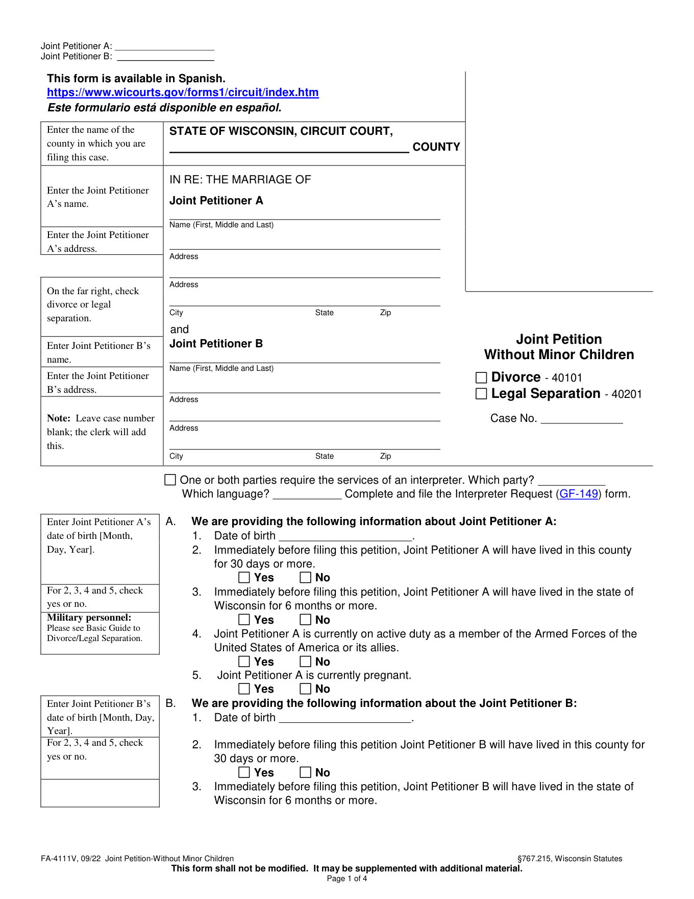 Page 1 of the official Wisconsin Joint Petition for Divorce Without Minor Children (FA-4111V) included in the download