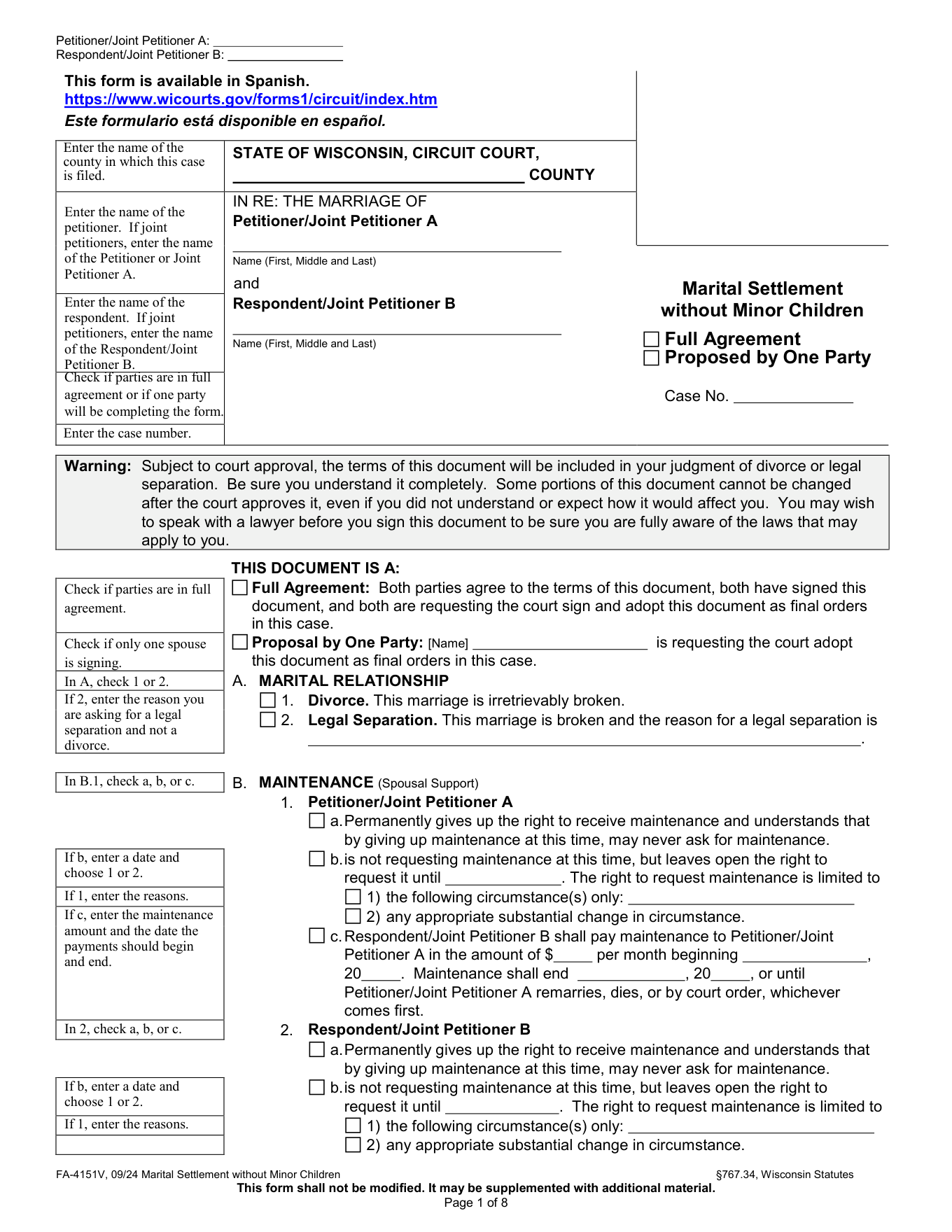 Page 1 of the official Wisconsin Marital Settlement Agreement Without Minor Children (FA-4151V) included in the download