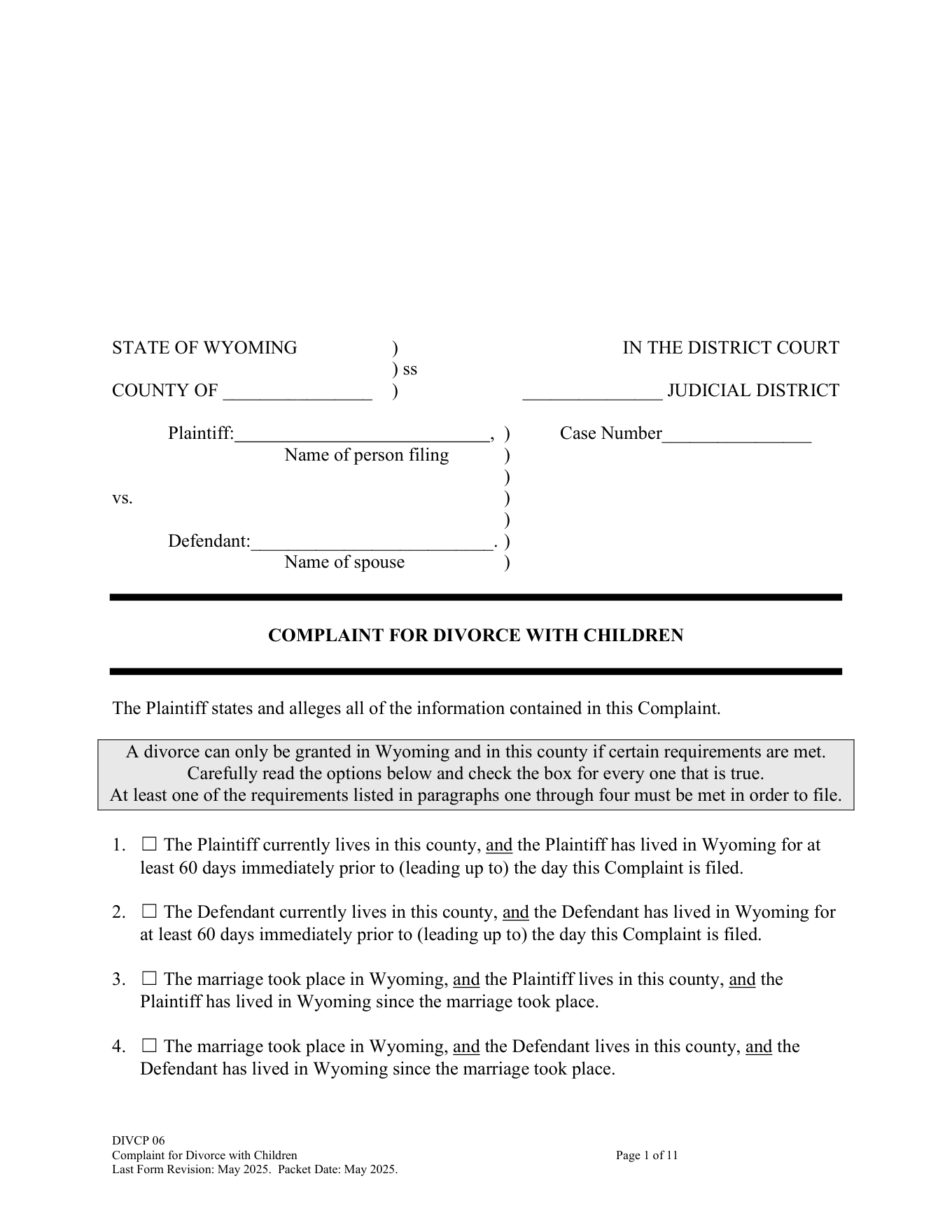 Page 1 of the official Wyoming Complaint for Divorce with children included in the download
