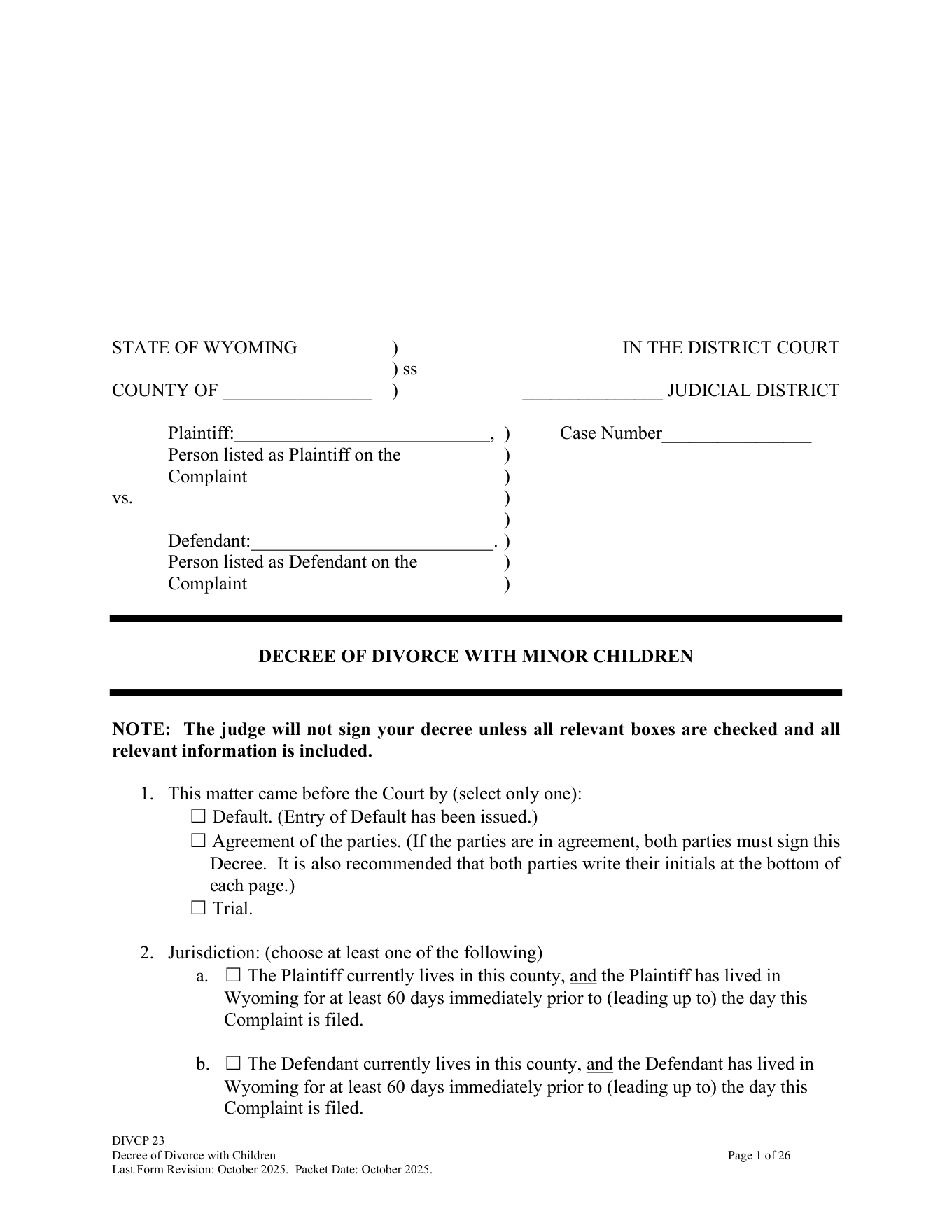 Page 1 of the official Wyoming Decree of Divorce with children included in the download