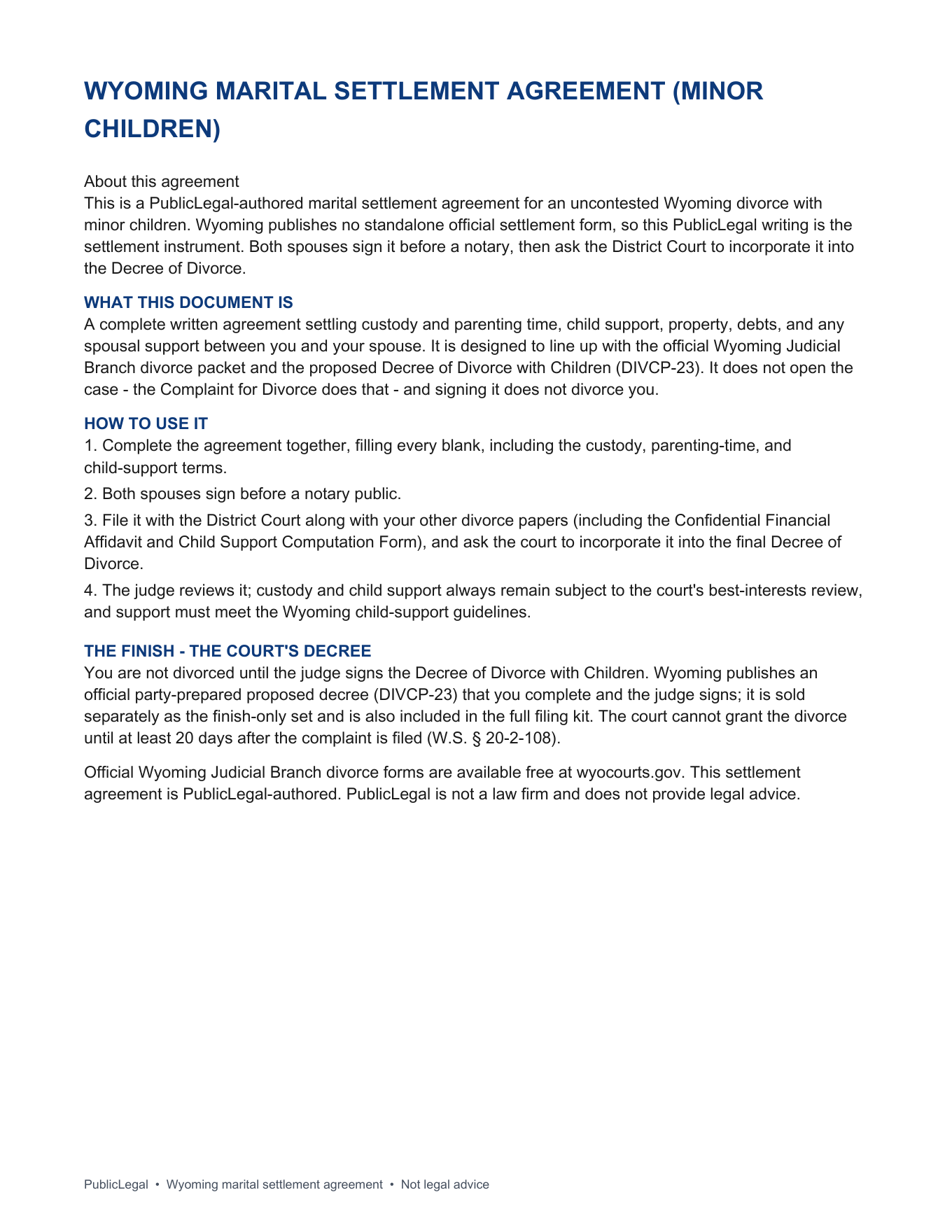 Page 1 of the Wyoming Marital Settlement Agreement with minor children included in the download
