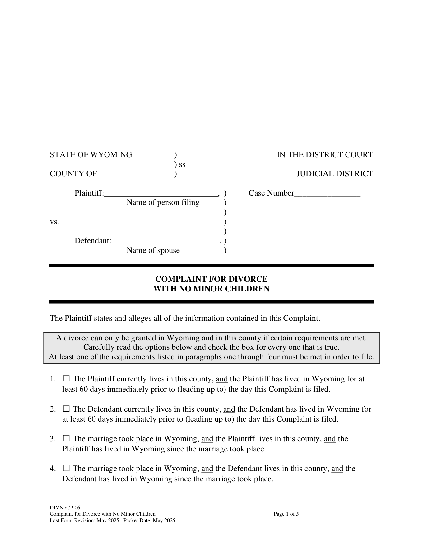 Page 1 of the official Wyoming Complaint for Divorce without minor children included in the download