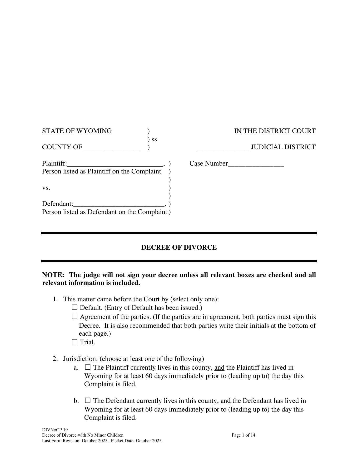 Page 1 of the official Wyoming Decree of Divorce without minor children included in the download