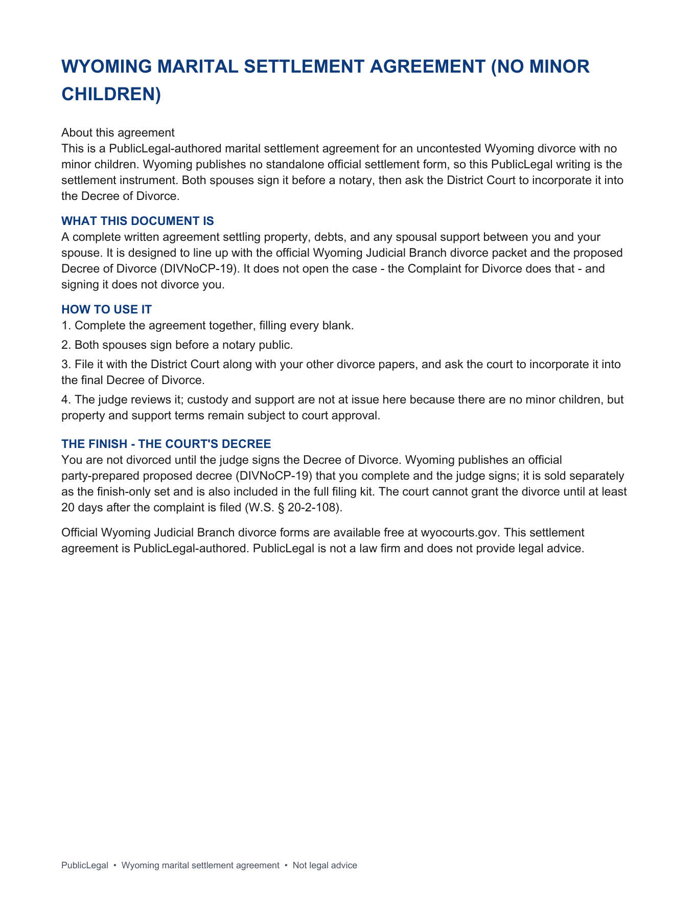 Page 1 of the Wyoming Marital Settlement Agreement with no minor children included in the download