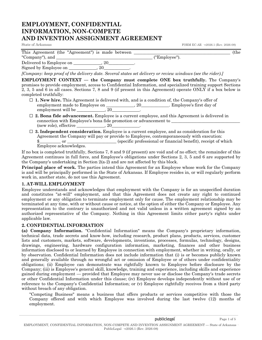 Page 1 of the Arkansas Employment Confidentiality Agreement form