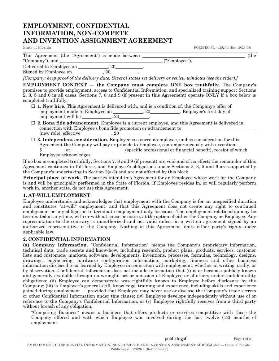 Page 1 of the Florida Employment Confidentiality Agreement form