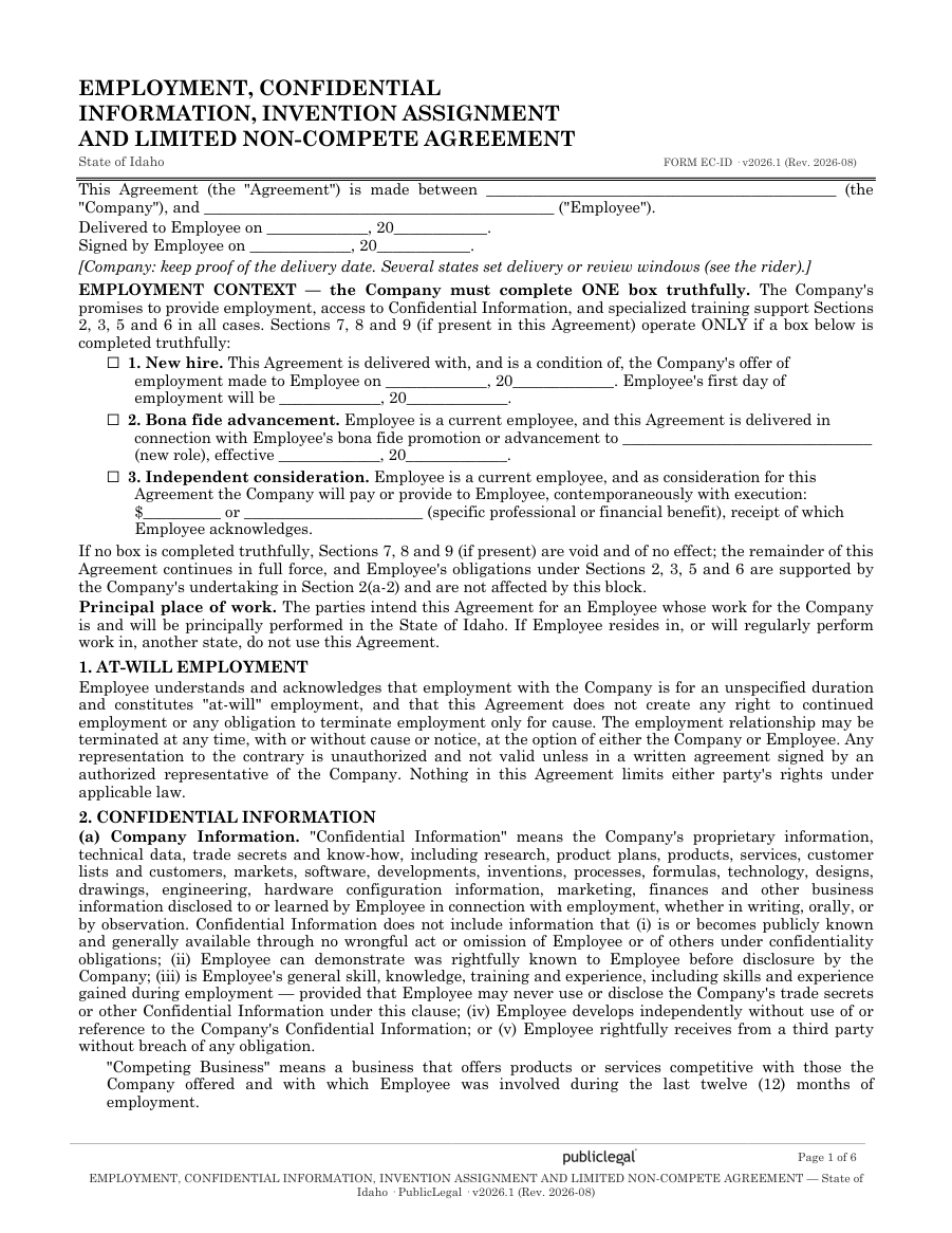 Page 1 of the Idaho Employment Confidentiality Agreement form