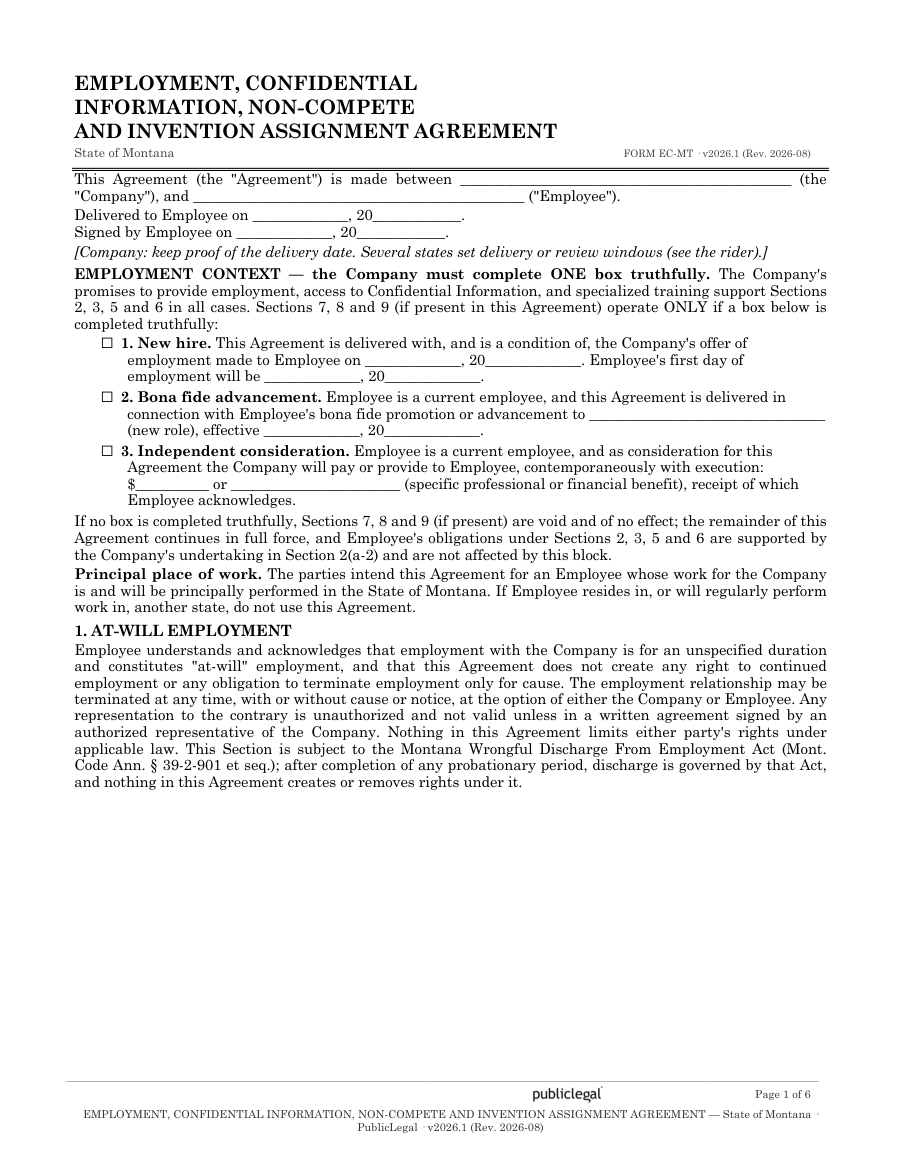 Page 1 of the Montana Employment Confidentiality Agreement form