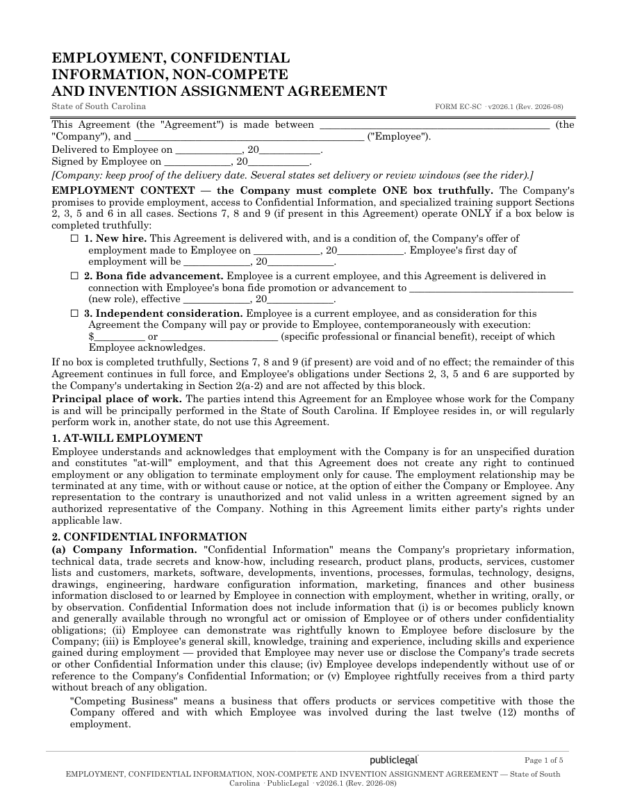 Page 1 of the South Carolina Employment Confidentiality Agreement form