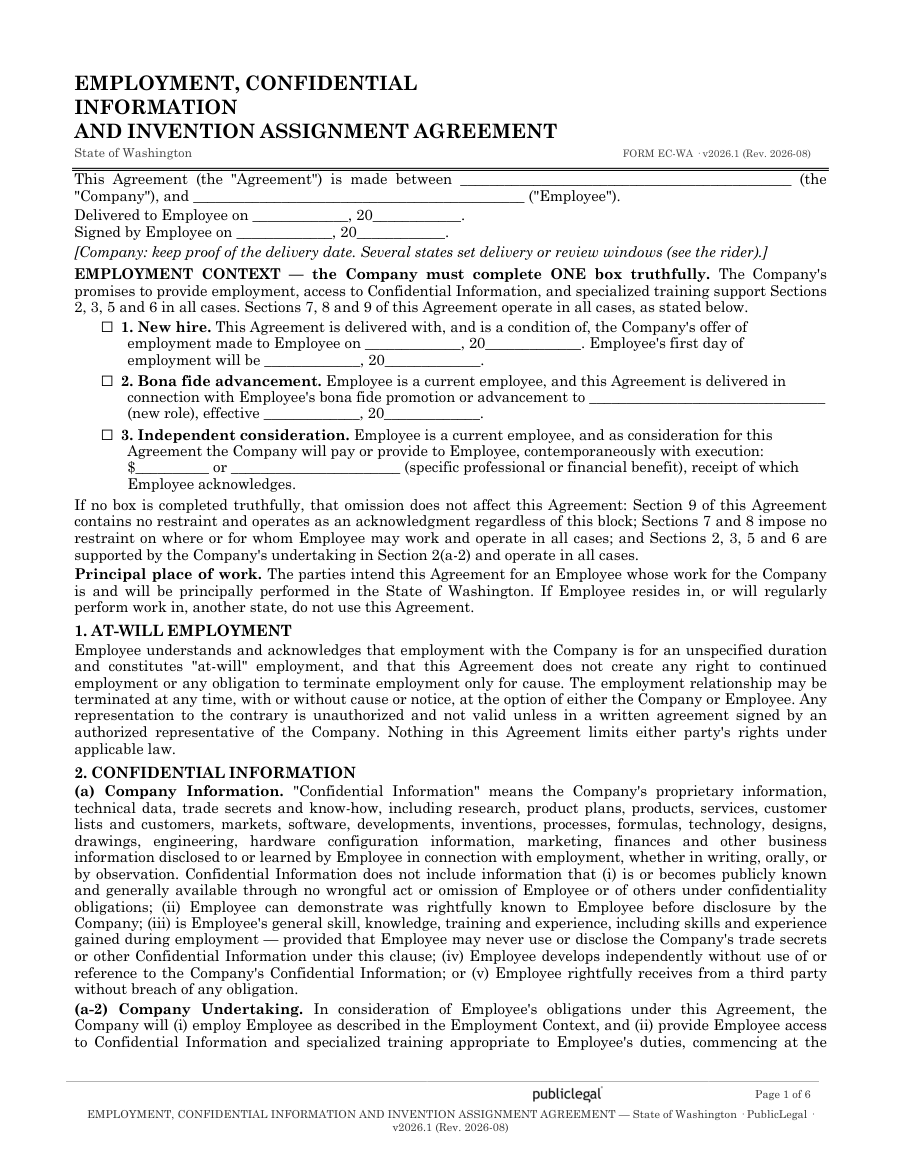 Page 1 of the Washington Employment Confidentiality Agreement form