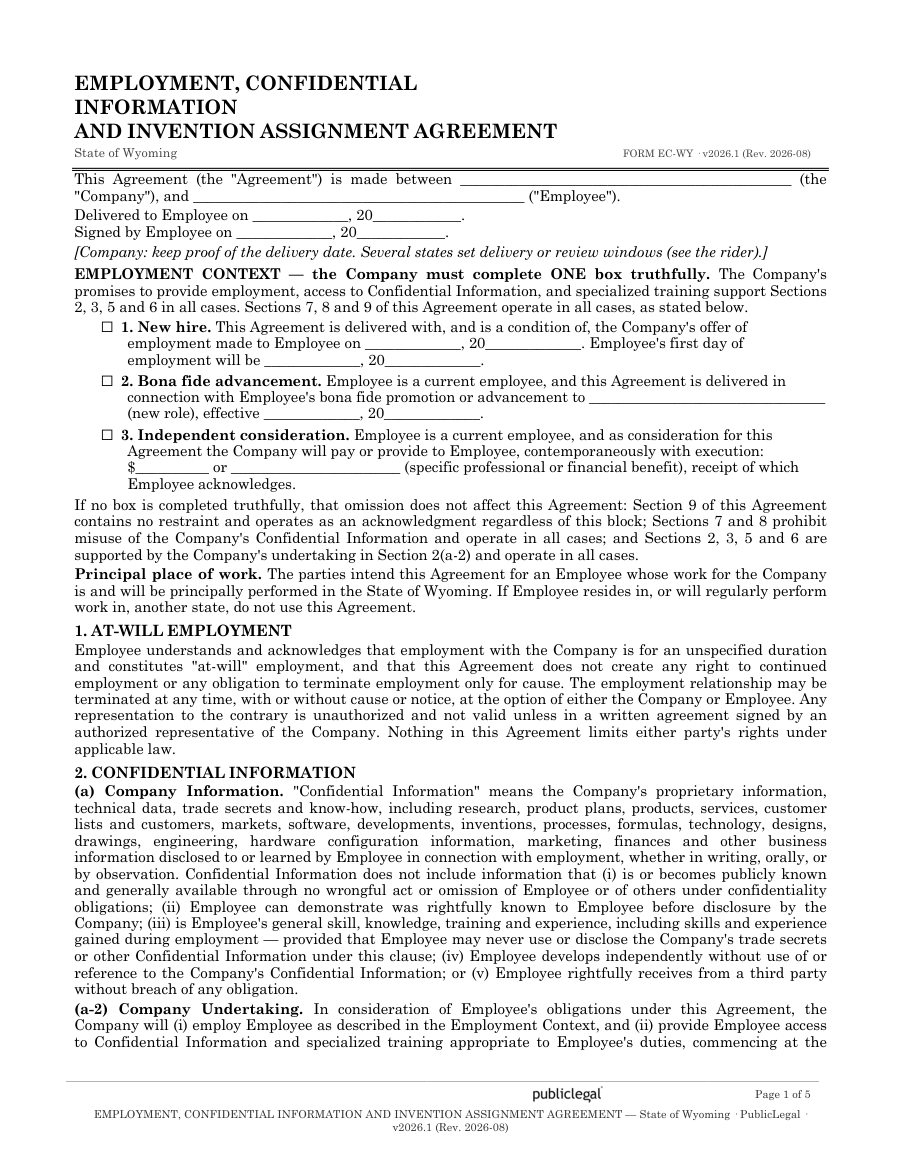 Page 1 of the Wyoming Employment Confidentiality Agreement form