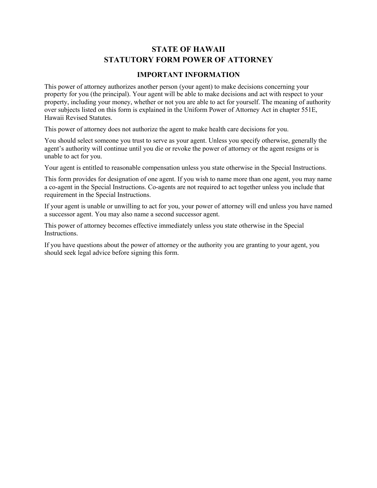 First page of the blank Hawaii General Durable Power of Attorney for Property & Finances (Immediate)
