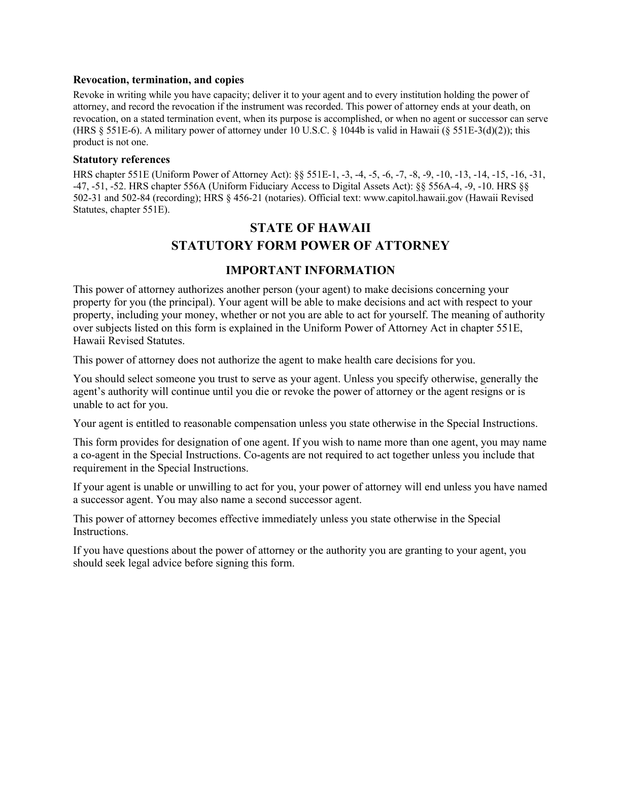 First page of the blank Hawaii General Durable Power of Attorney for Property & Finances (Upon Disability)