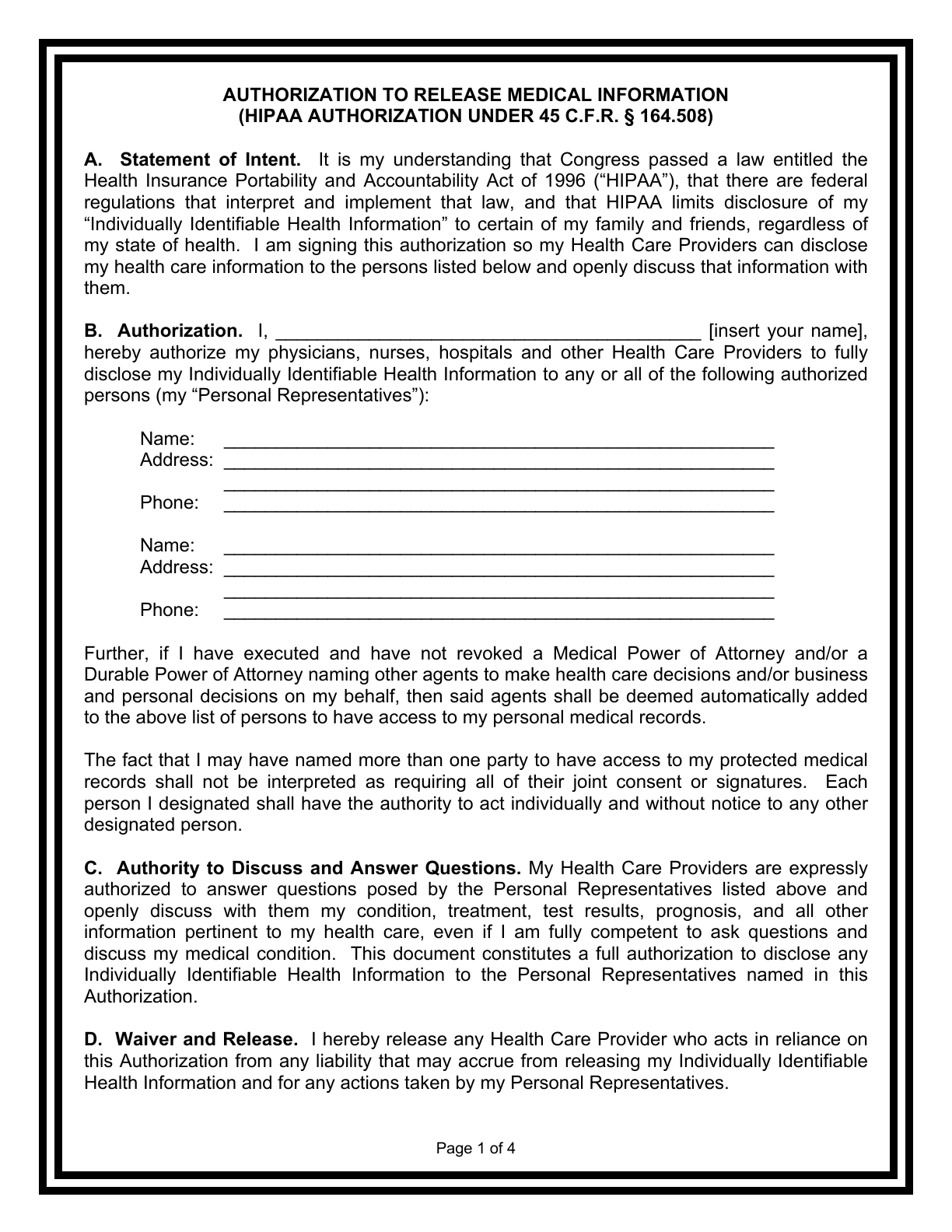 Page 1 of the HIPAA Authorization to Release Medical Information