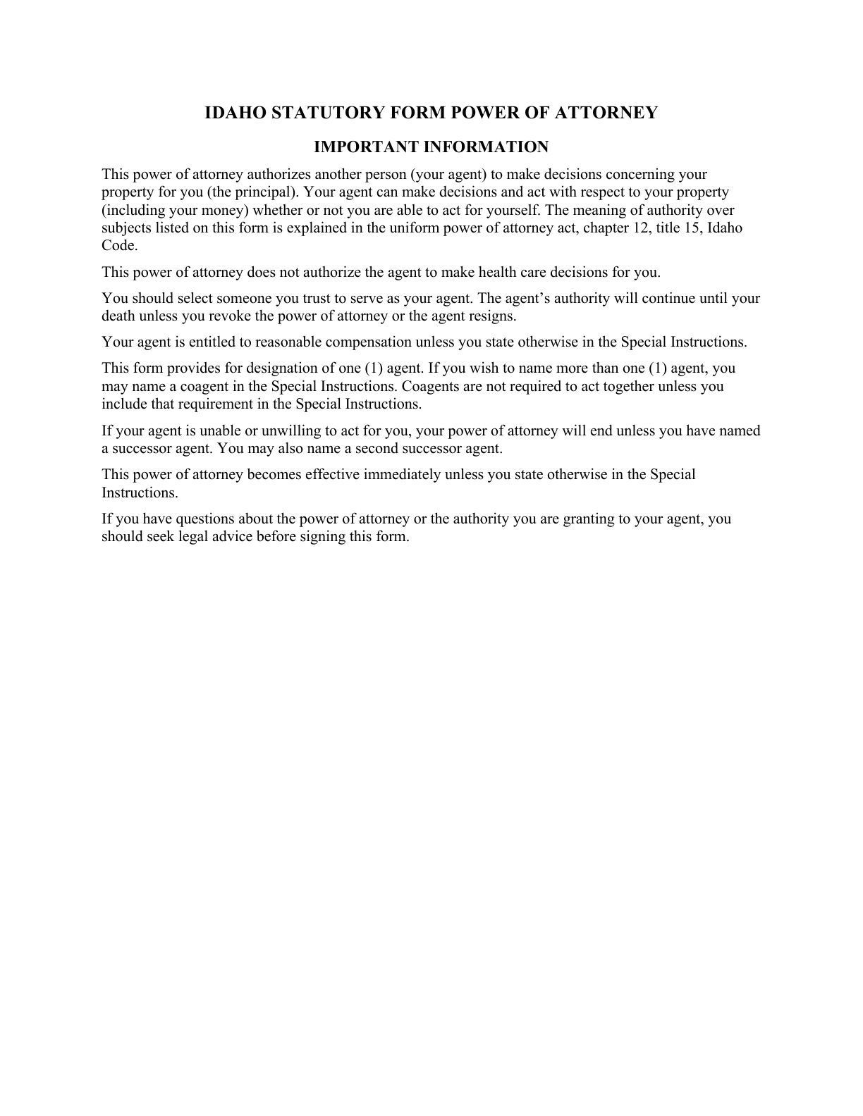First page of the blank Idaho General Durable Power of Attorney for Property & Finances (Upon Disability)