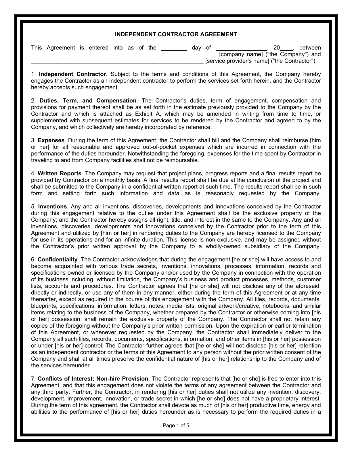 Page 1 of the Independent Contractor Agreement form