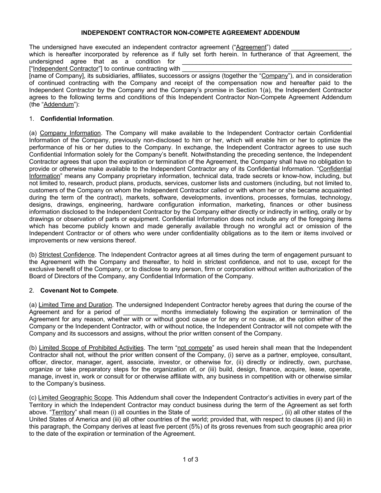 Page 1 of the Independent Contractor Non-Compete Agreement Addendum