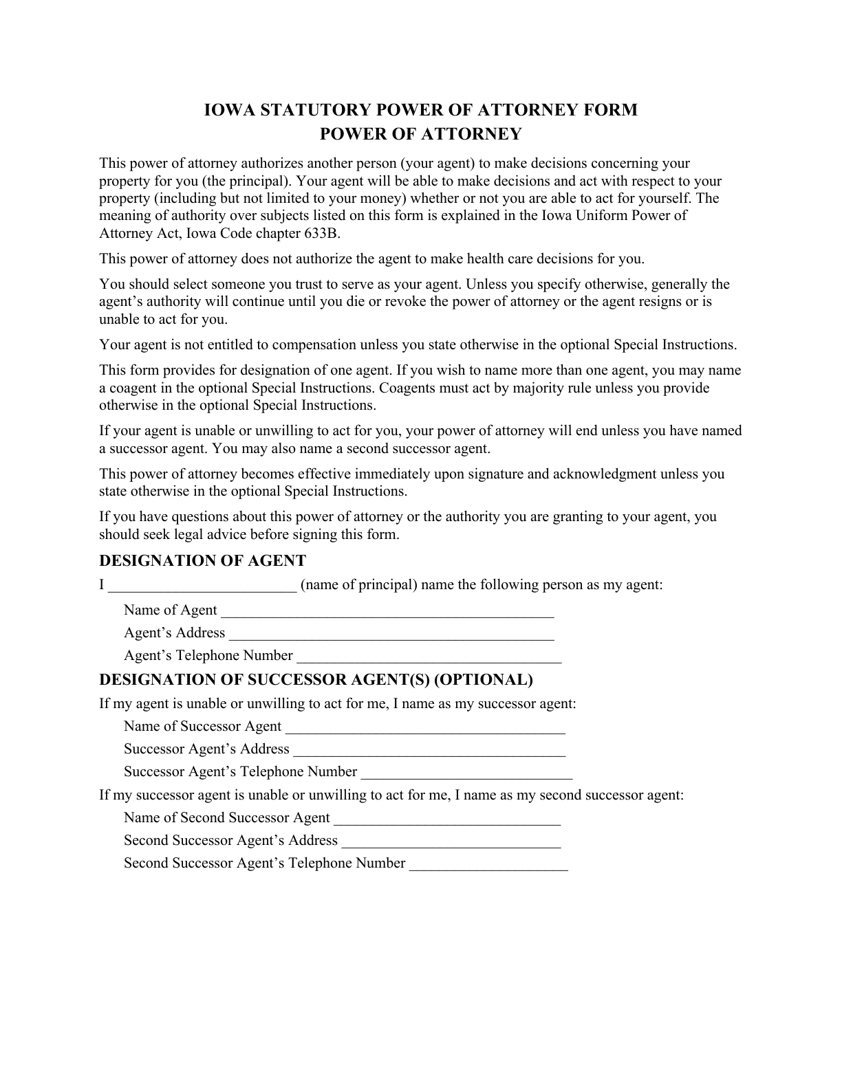 First page of the blank Iowa General Durable Power of Attorney for Property & Finances (Immediate)