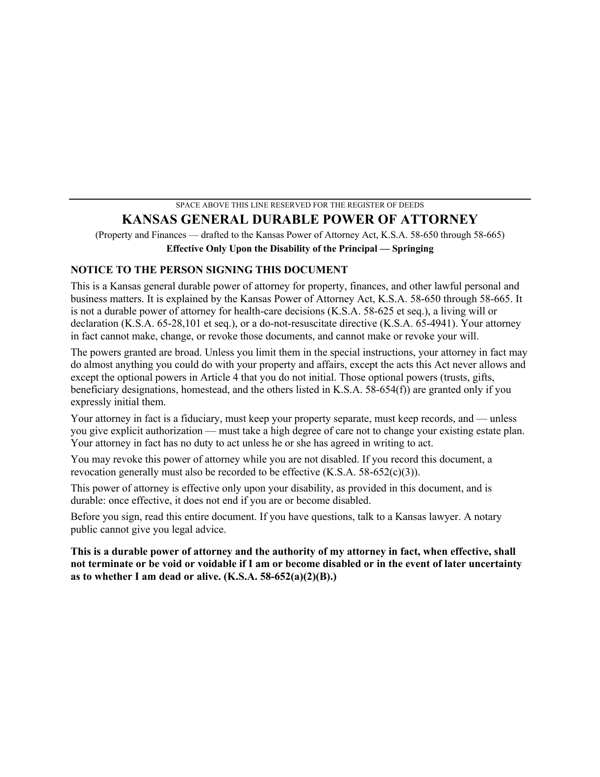 Page 1 of the blank Kansas General Durable Power of Attorney for Property & Finances (Upon Disability)
