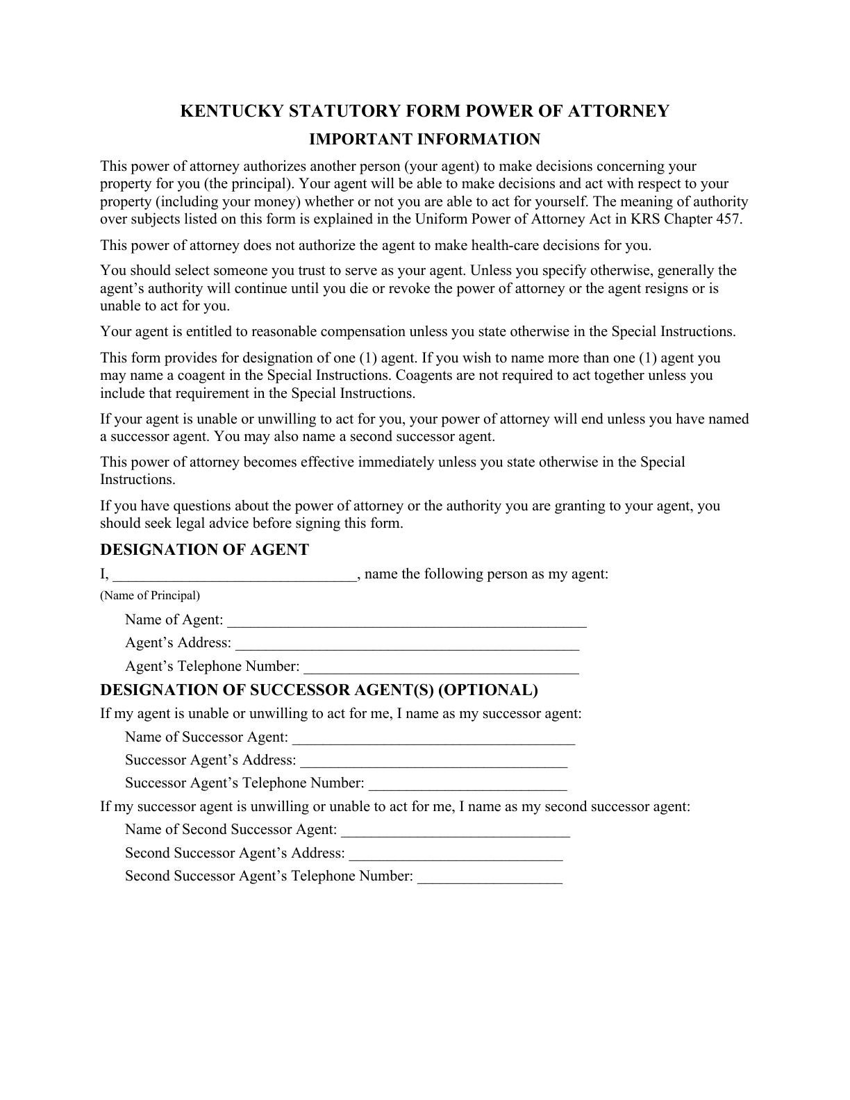 First page of the blank Kentucky General Durable Power of Attorney for Property & Finances (Immediate)