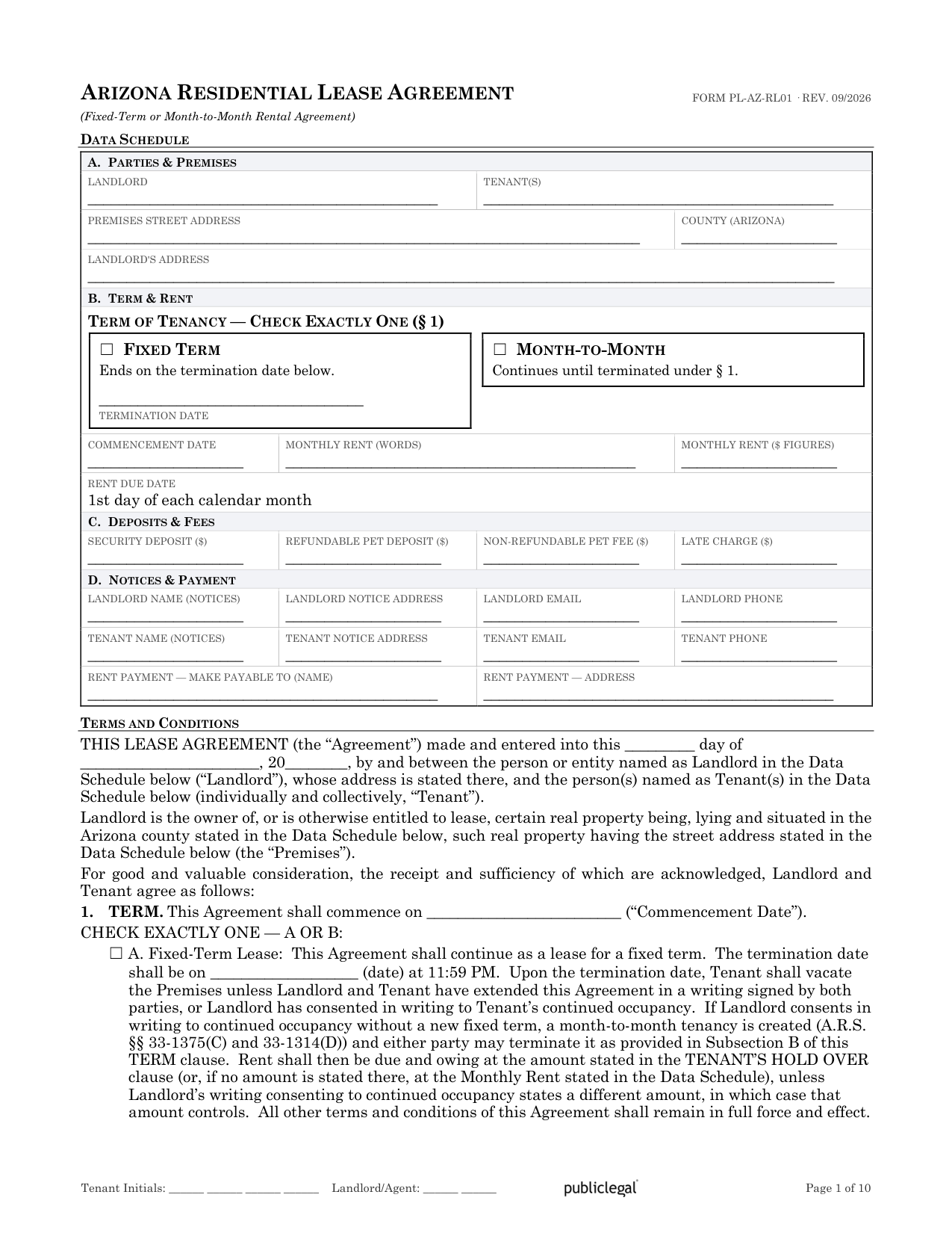 Preview screenshot of page 1 of the Arizona Residential Lease Agreement showing the Data Schedule and fixed-term or month-to-month term election