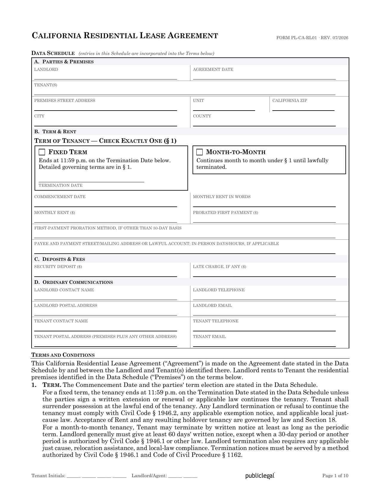 Preview screenshot of page 1 of the California Residential Lease Agreement showing the Data Schedule and term election