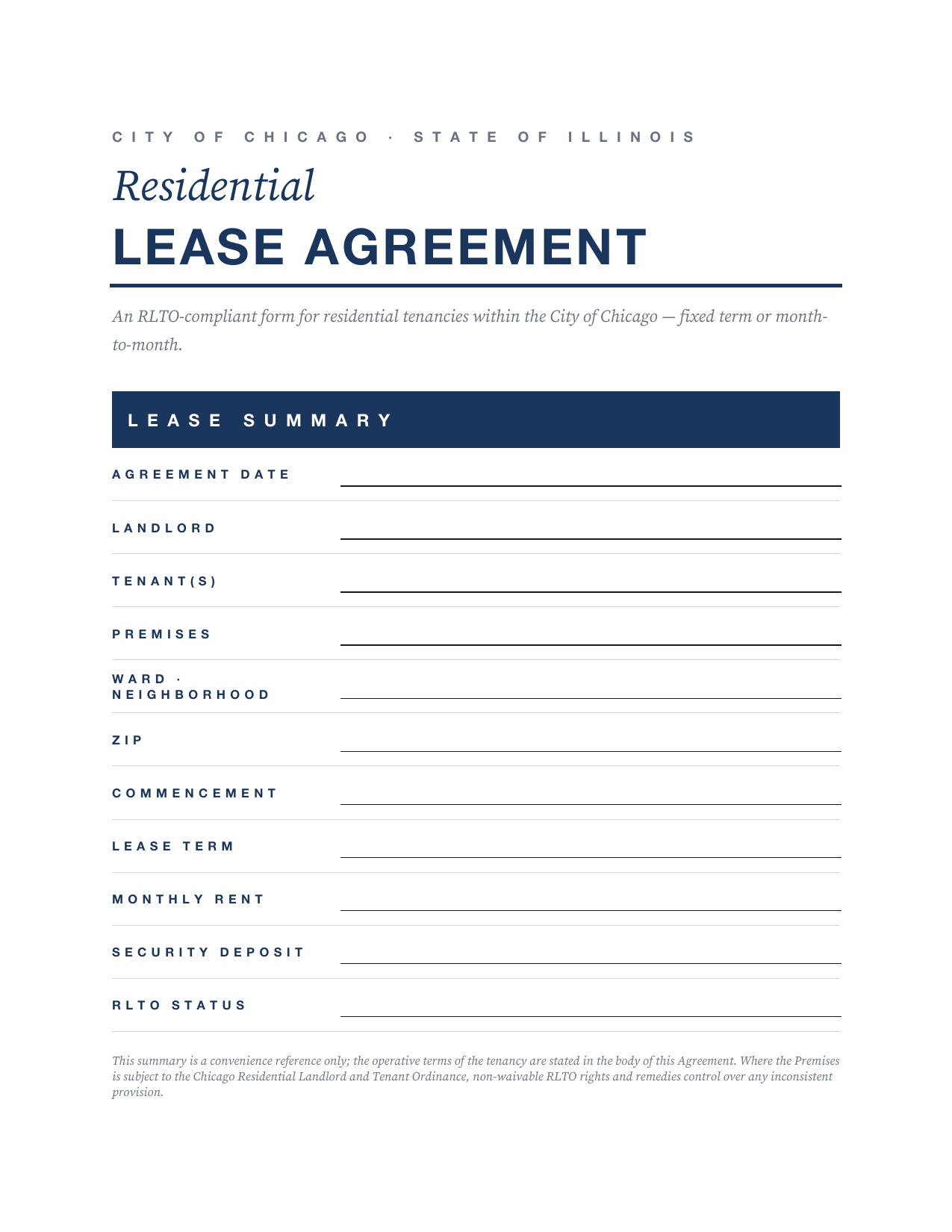 Preview screenshot of page 1 of the Chicago Residential Lease Agreement showing the blank lease summary and RLTO status field