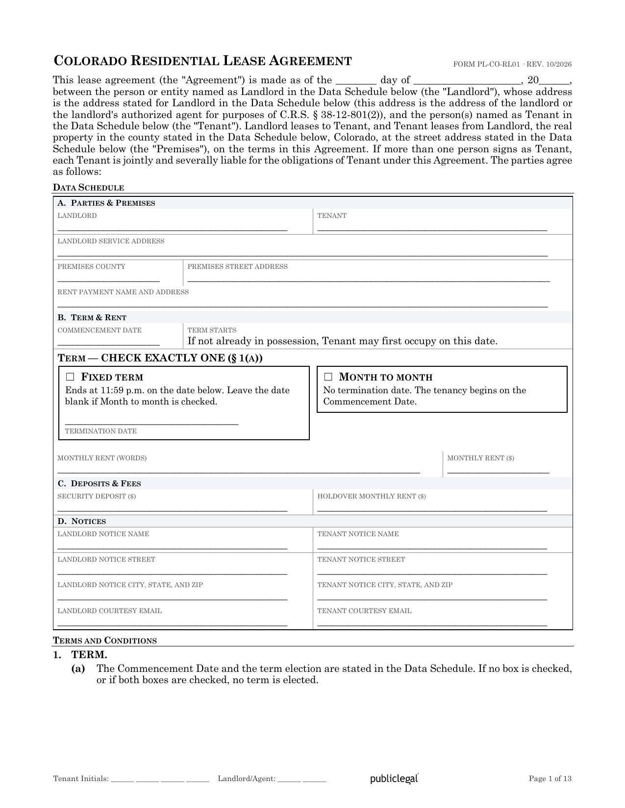 Preview screenshot of page 1 of the Colorado Residential Lease Agreement showing the Data Schedule, term election, and the opening of the term section