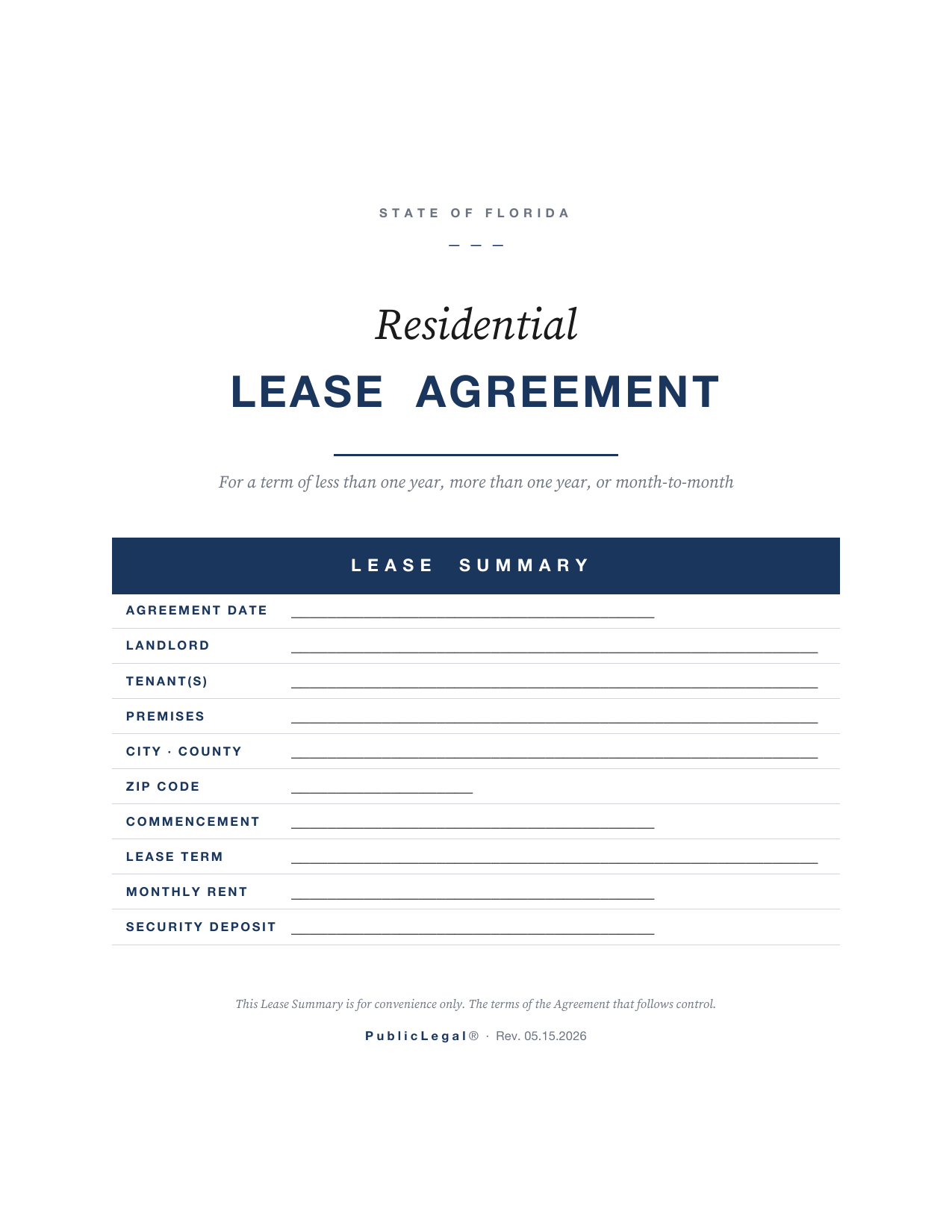Preview screenshot of page 1 of the Florida Residential Lease Agreement showing the blank lease summary