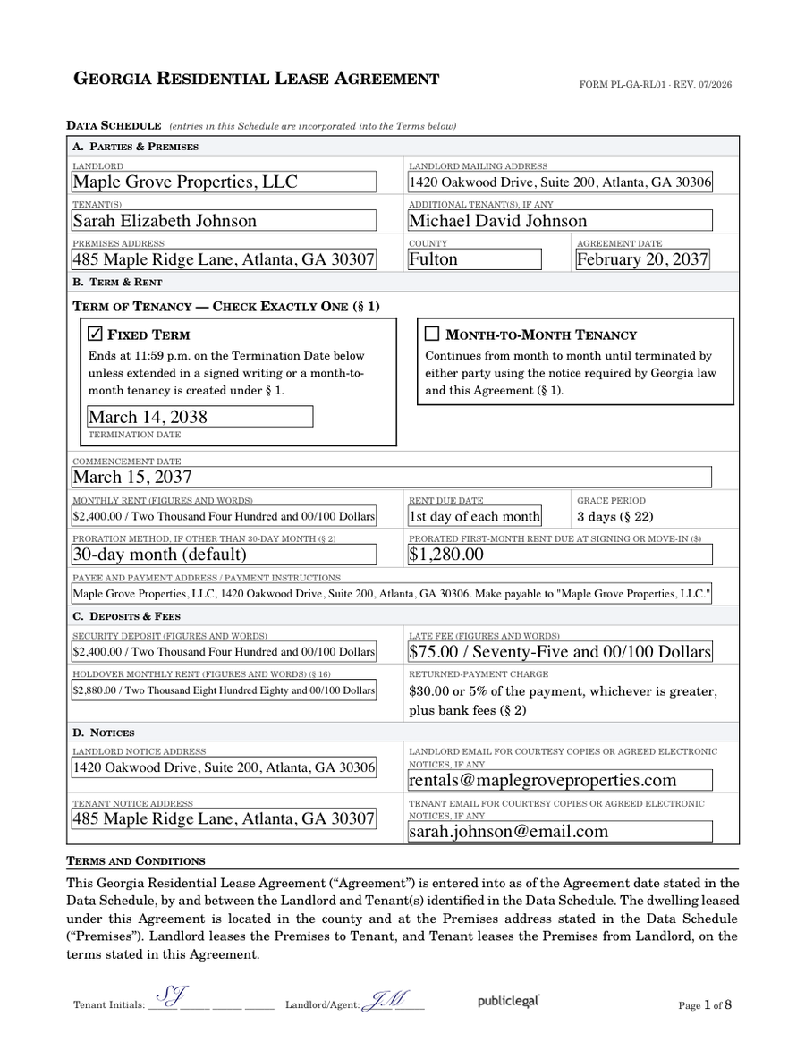 Preview screenshot of page 1 of the Georgia Residential Lease Agreement showing the Data Schedule and term election
