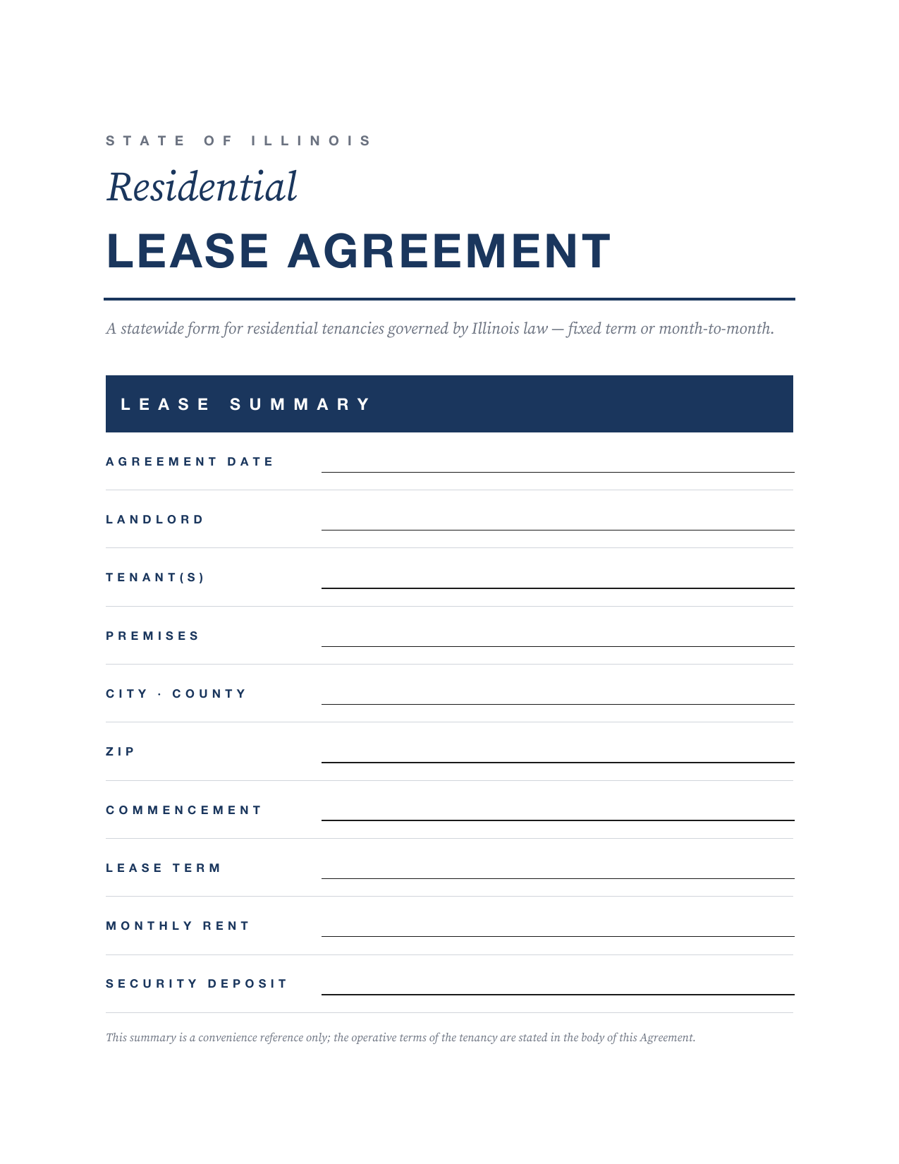 Preview screenshot of page 1 of the Illinois Residential Lease Agreement showing the blank lease summary