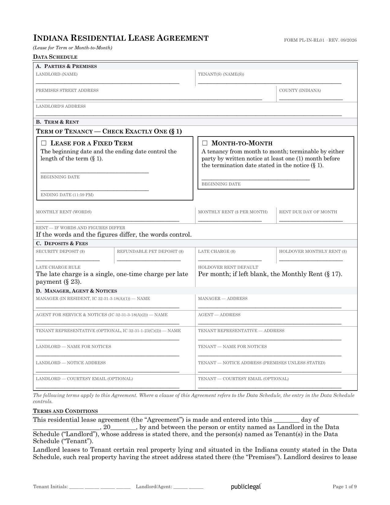 Preview screenshot of page 1 of the Indiana Residential Lease Agreement showing the Data Schedule and term election
