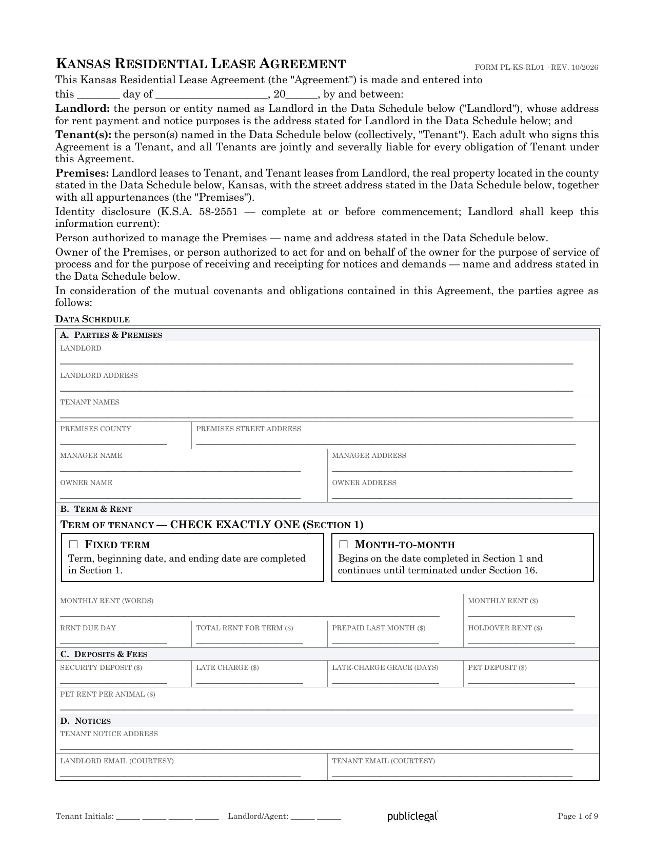 Preview screenshot of page 1 of the Kansas Residential Lease Agreement showing the Data Schedule and term election