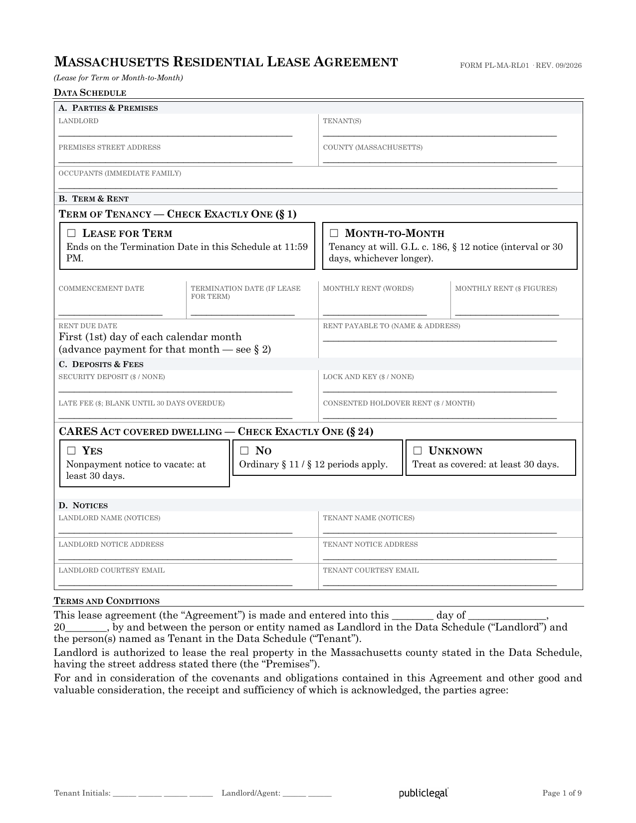 Preview screenshot of page 1 of the Massachusetts Residential Lease Agreement showing the Data Schedule and term election
