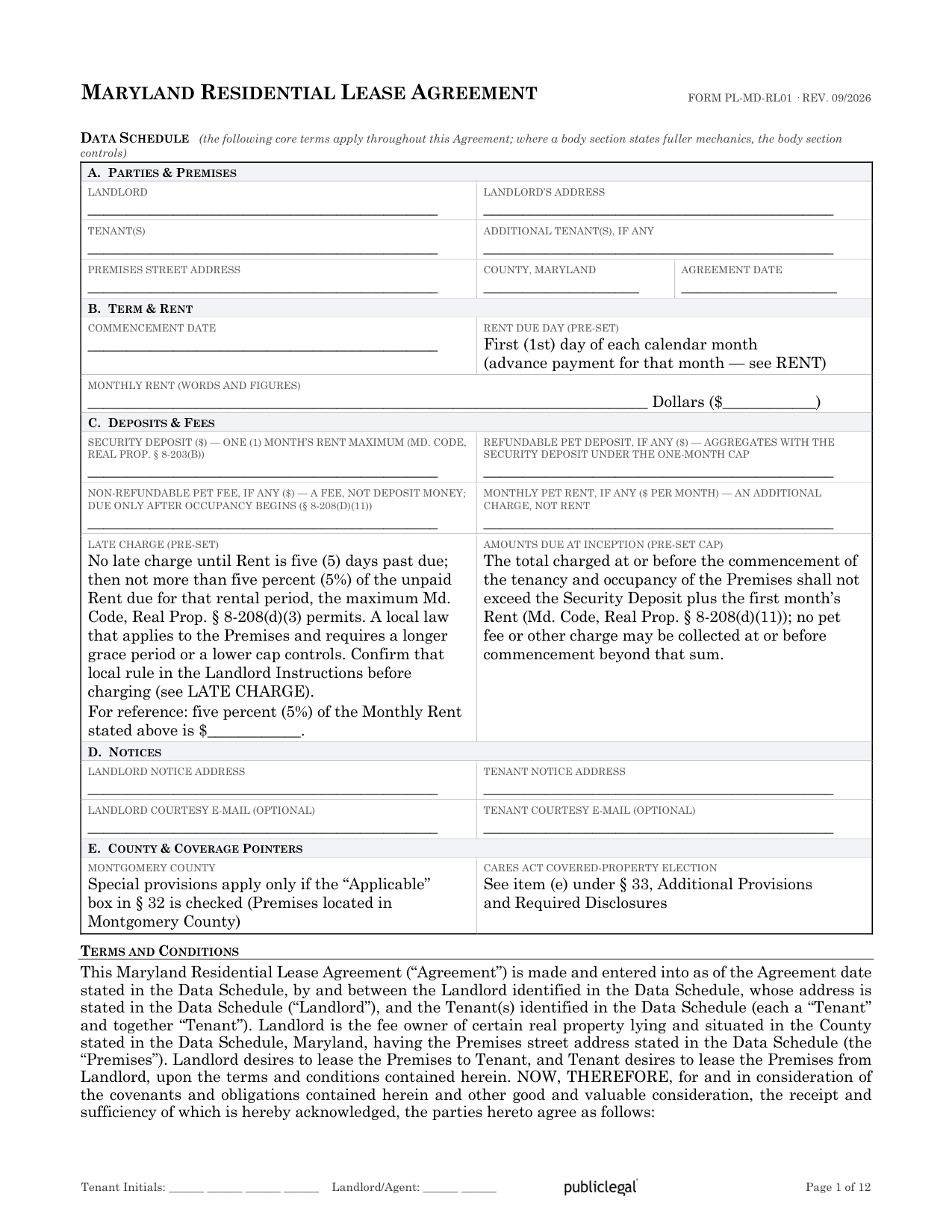 Preview screenshot of page 1 of the Maryland Residential Lease Agreement showing the Data Schedule and lease-for-term or month-to-month election