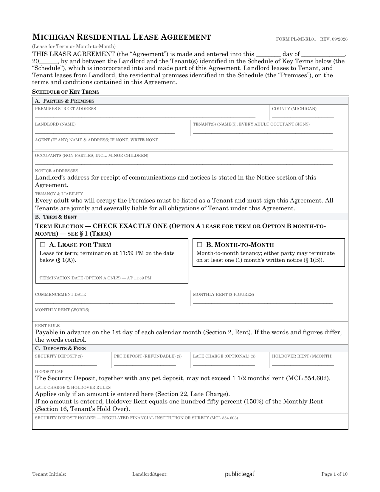 Preview screenshot of page 1 of the Michigan Residential Lease Agreement showing the Schedule of Key Terms