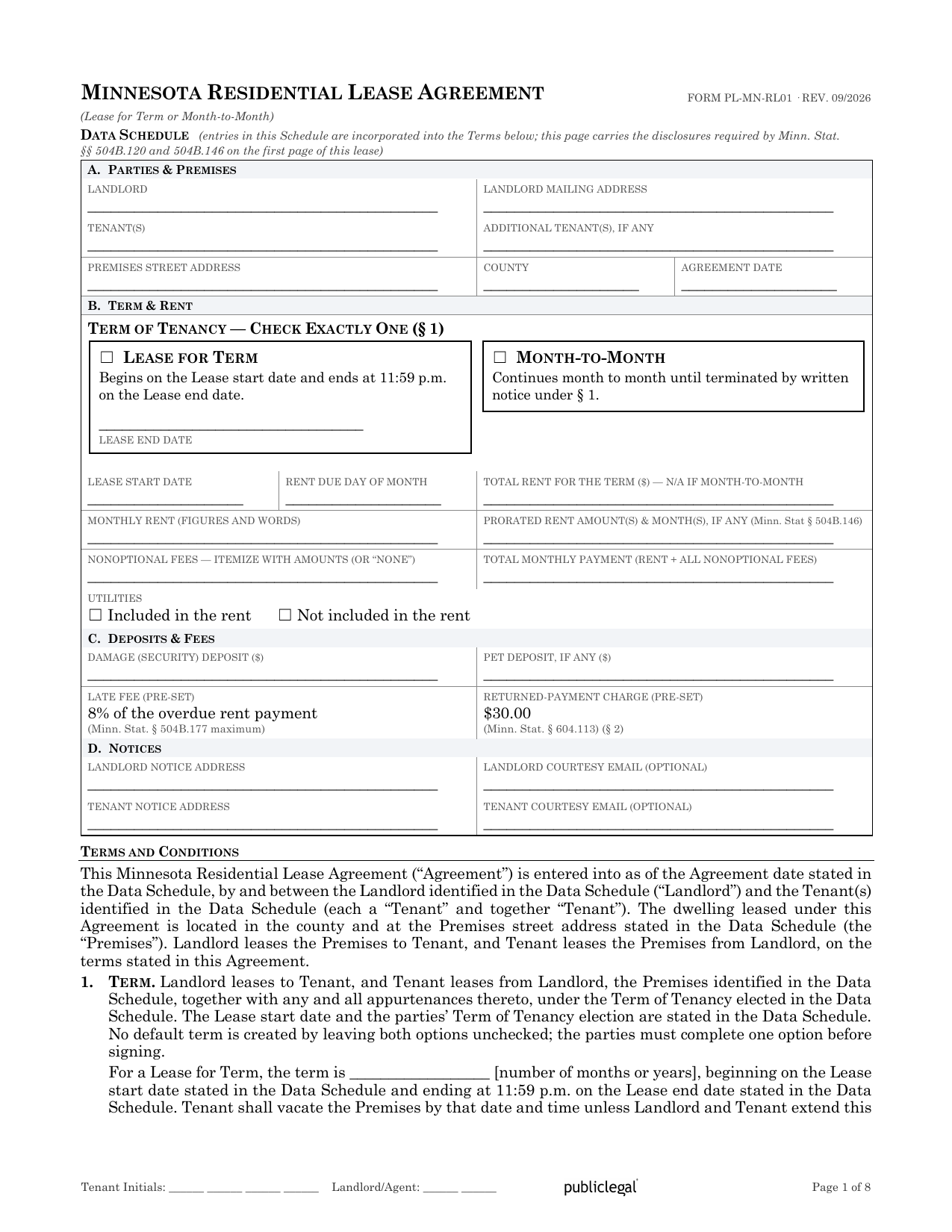 Preview screenshot of page 1 of the Minnesota Residential Lease Agreement showing the Data Schedule and term election