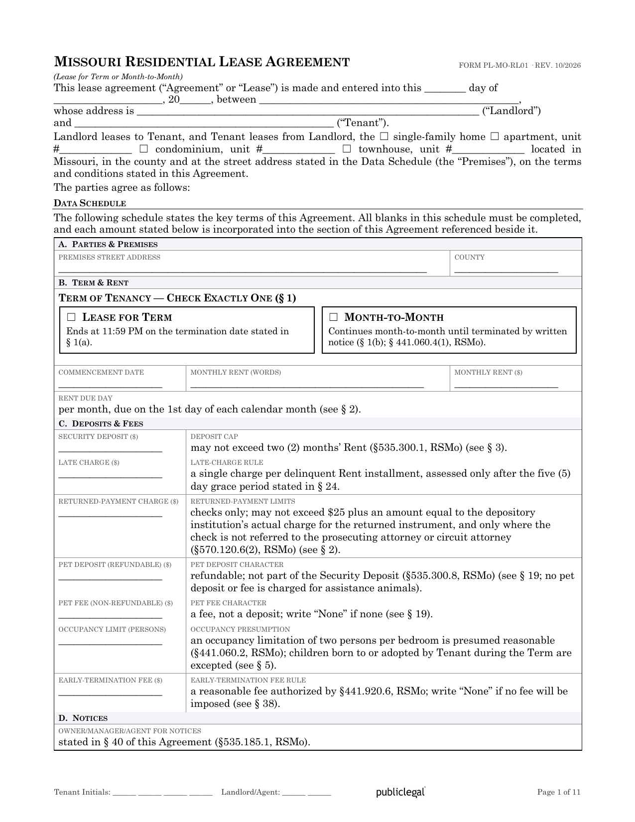 Preview screenshot of page 1 of the Missouri Residential Lease Agreement showing the Data Schedule and term election